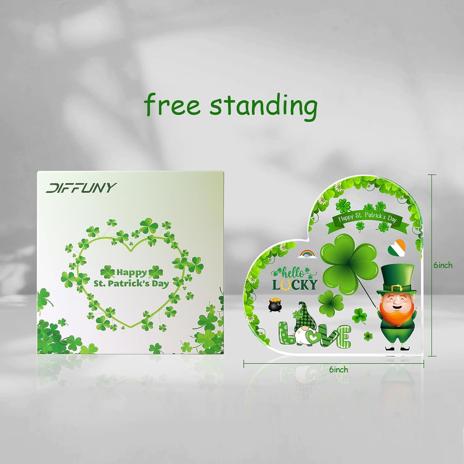 St Patricks Day Gifts & St Patricks Day Decor for Table, Office Desk, Shelf, Mantle - Acrylic Heart Shamrocks Decorations for Home