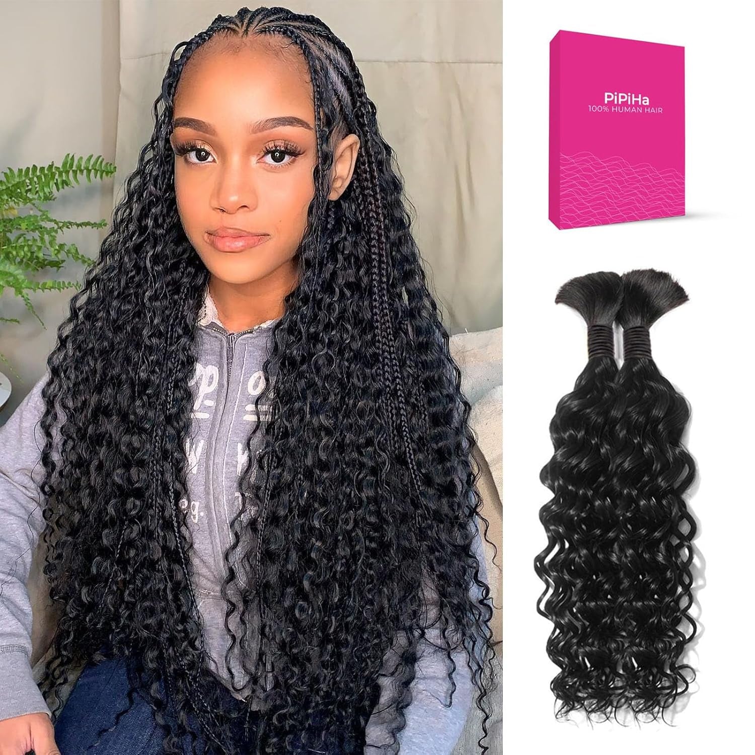 Human Braiding Hair for Boho Braids Human Hair Water Wave 20 Inch 2 Bundles 100G Wet and Wavy Human Hair for Boho Knotless Braids Bulk Boho Human Hair Extensions (Natural Color, 20 Inch)
