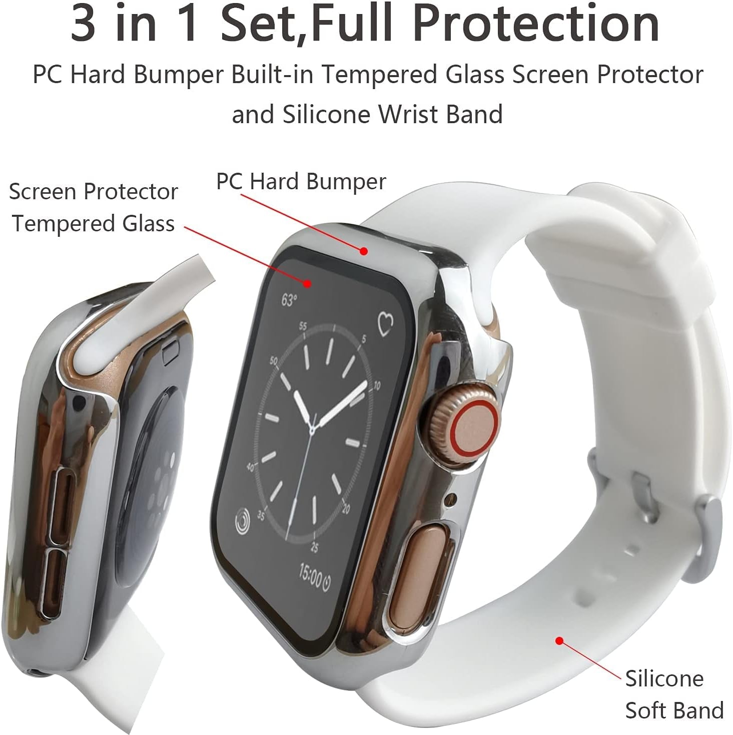 For Apple Watch Case with Screen Protector,Pc Hard Bumper Cover Built-In Tempered Glass Screen Protector 360 Full Body Protective Cover for Iwatch SE Series 6 5 4 (Silver/White,40Mm)
