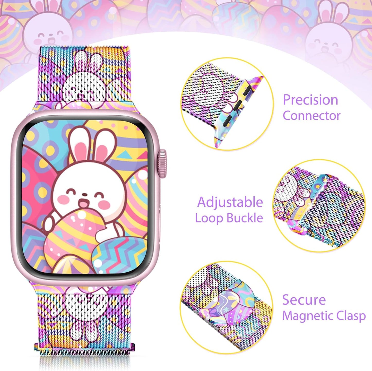 Easter Milanese Magnetic Band for Apple Watch Bands for Women 46Mm 45Mm 44Mm 49Mm 42Mm, Rabbits Eggs Cute Stainless Steel Iwatch Bands for Iphone Watch Series 10 9 8 7 6 5 4 3 SE Ultra-Purple