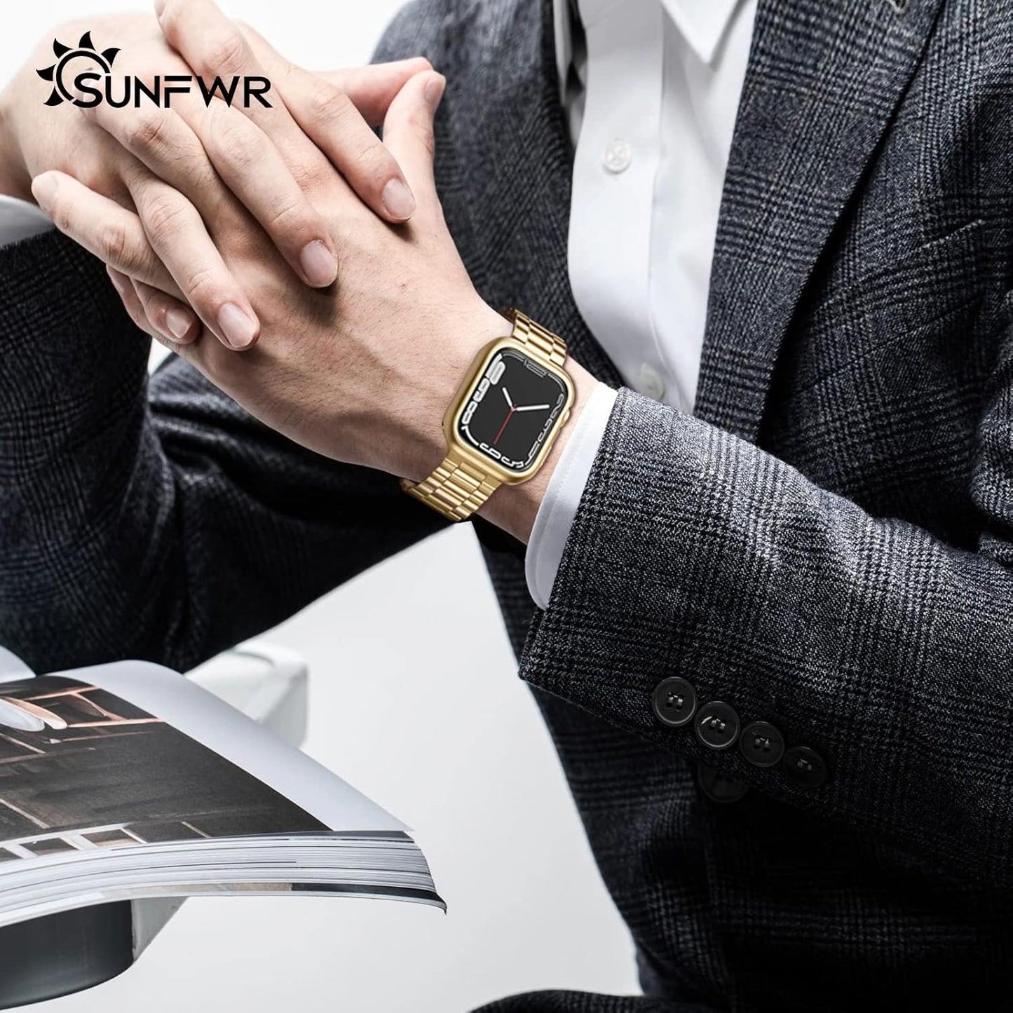 Compatible with Apple Watch Band 41Mm 40Mm 38Mm for Women Men, Stainless Steel Metal Iwatch Band with Case for Apple Watch Series 9/8/7/6/5/4/3/2/1/SE/SE2 (Gold-Plated, 38Mm/40Mm/41Mm)
