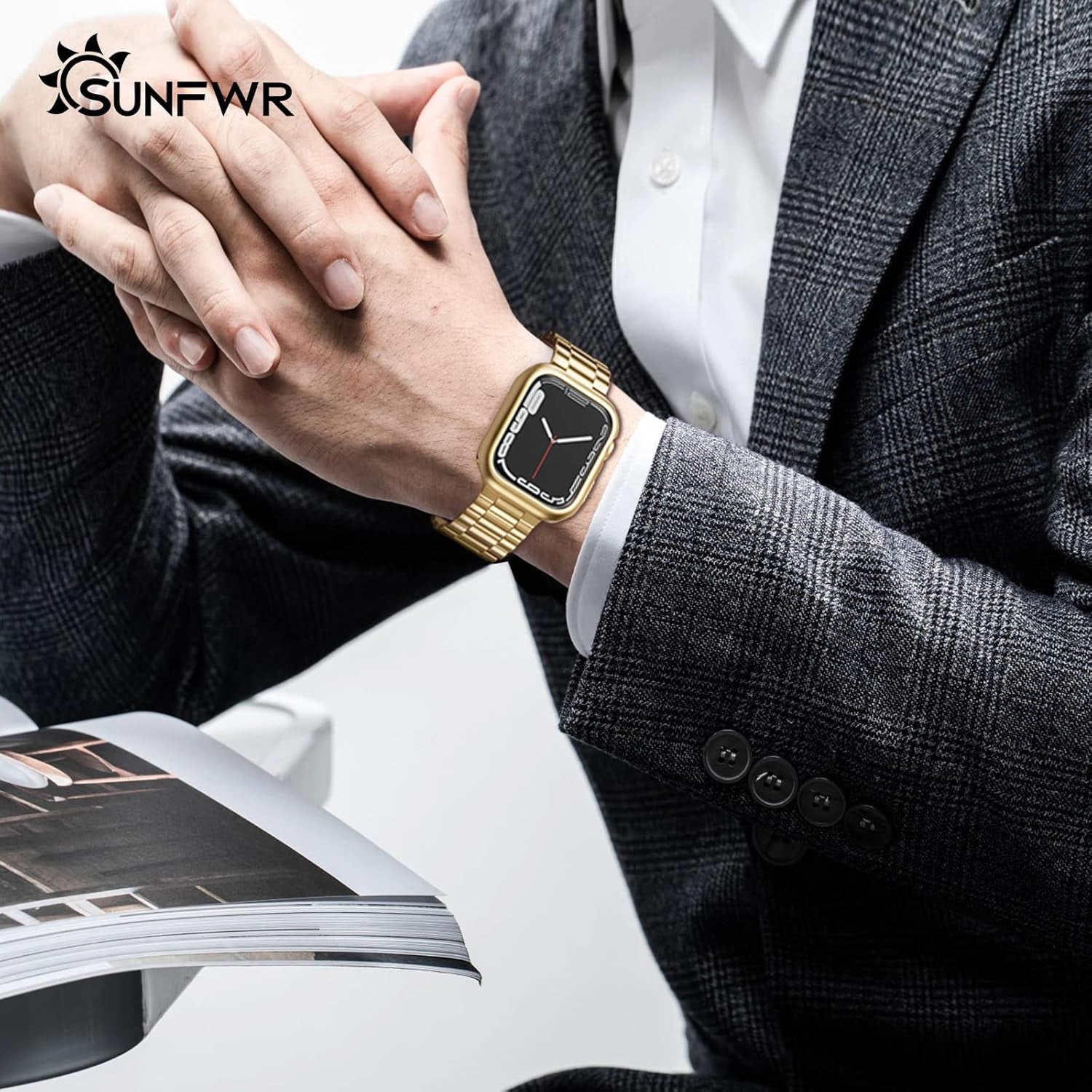 Compatible with Apple Watch Band 41Mm 40Mm 38Mm for Women Men, Stainless Steel Metal Iwatch Band with Case for Apple Watch Series 9/8/7/6/5/4/3/2/1/SE/SE2 (Gold-Plated, 38Mm/40Mm/41Mm)