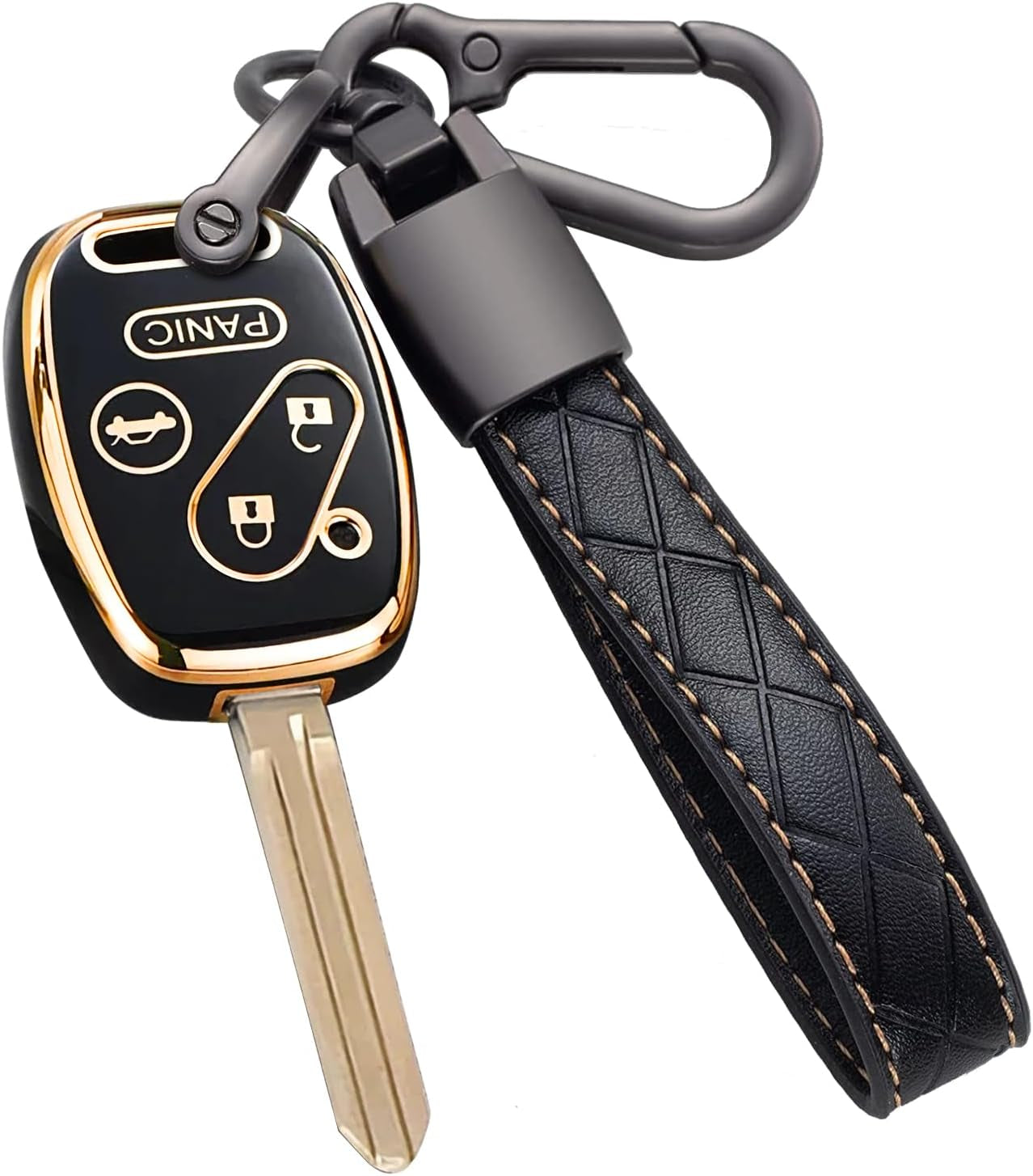 Key Fob Cover for Honda with Leather Keychain, Premium TPU Key Case Compatible with 2003-2015 Honda Accord Crosstour Civic EX CR-V Pilot Element Remote Smart Car Key Protector（Black）