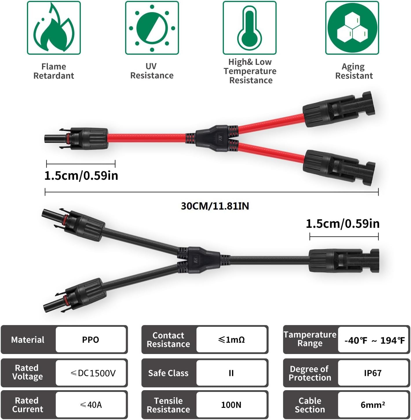 2 Pairs Solar Connectors Y Branch Parallel Adapters 10AWG Cable for Solar Panel (Red & Black)
