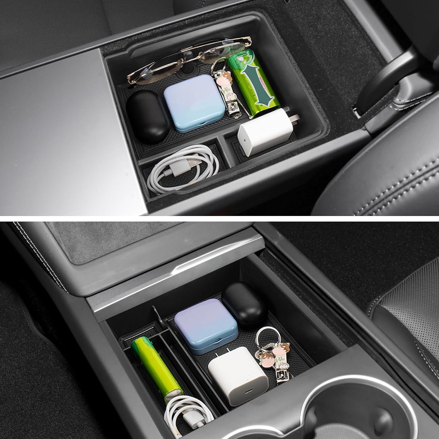 Center Console Organizer Compatible with 2024 Tesla Model 3 Highland Armrest Storage Box and Front Hidden Cubby Drawer Tray Interior Accessories (3PCS Center Console Tray)