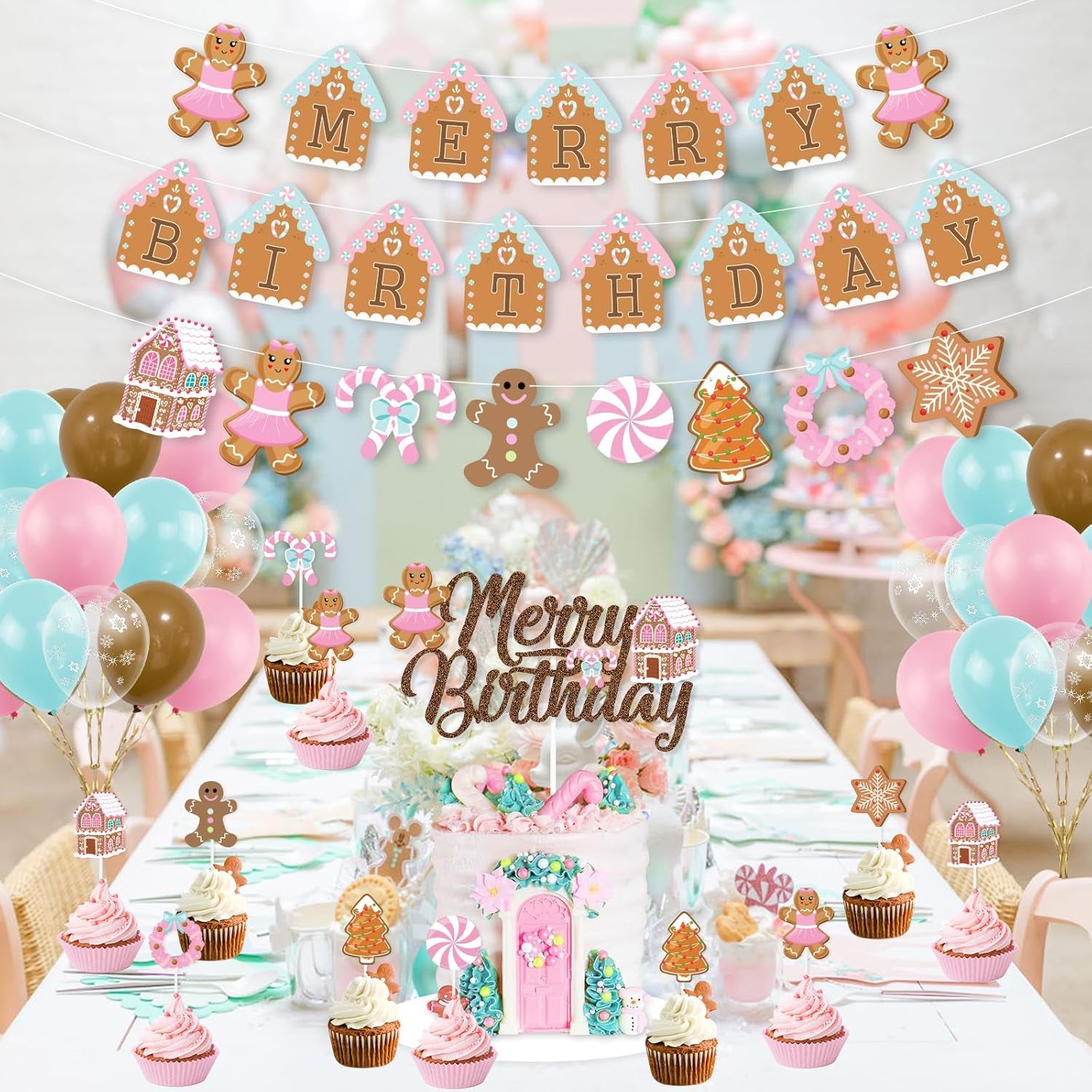 Christmas Birthday Decorations,Pink Gingerbread Man Merry Birthday Theme Banner Candy House Cake Topper Latex Balloons for Boys Girls Birthday Party Supplies Baby Shower