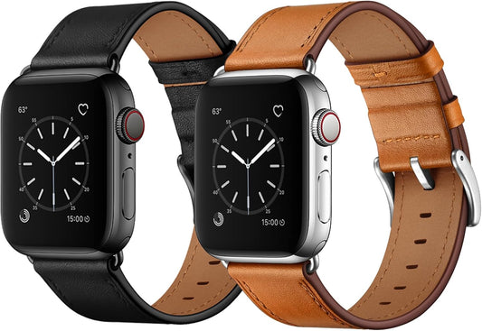 Compatible with Apple Watch Band 49Mm 46Mm 45Mm 44Mm 42Mm(Series 3 2 1), Genuine Leather Band Replacement Strap Compatible with Apple Watch (Black/Black+Brown/Silver)