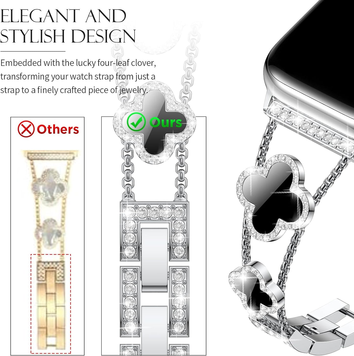 Bling Womens Band Compatible with Apple Watch Band 40Mm 41Mm 38Mm Series 9 8 7 6 5 4 3 2 1 SE, Sparkle Diamond Replacement Bracelet Wristband, Cute Lucky Clover Dressy Iwatch Band,Silver/Black