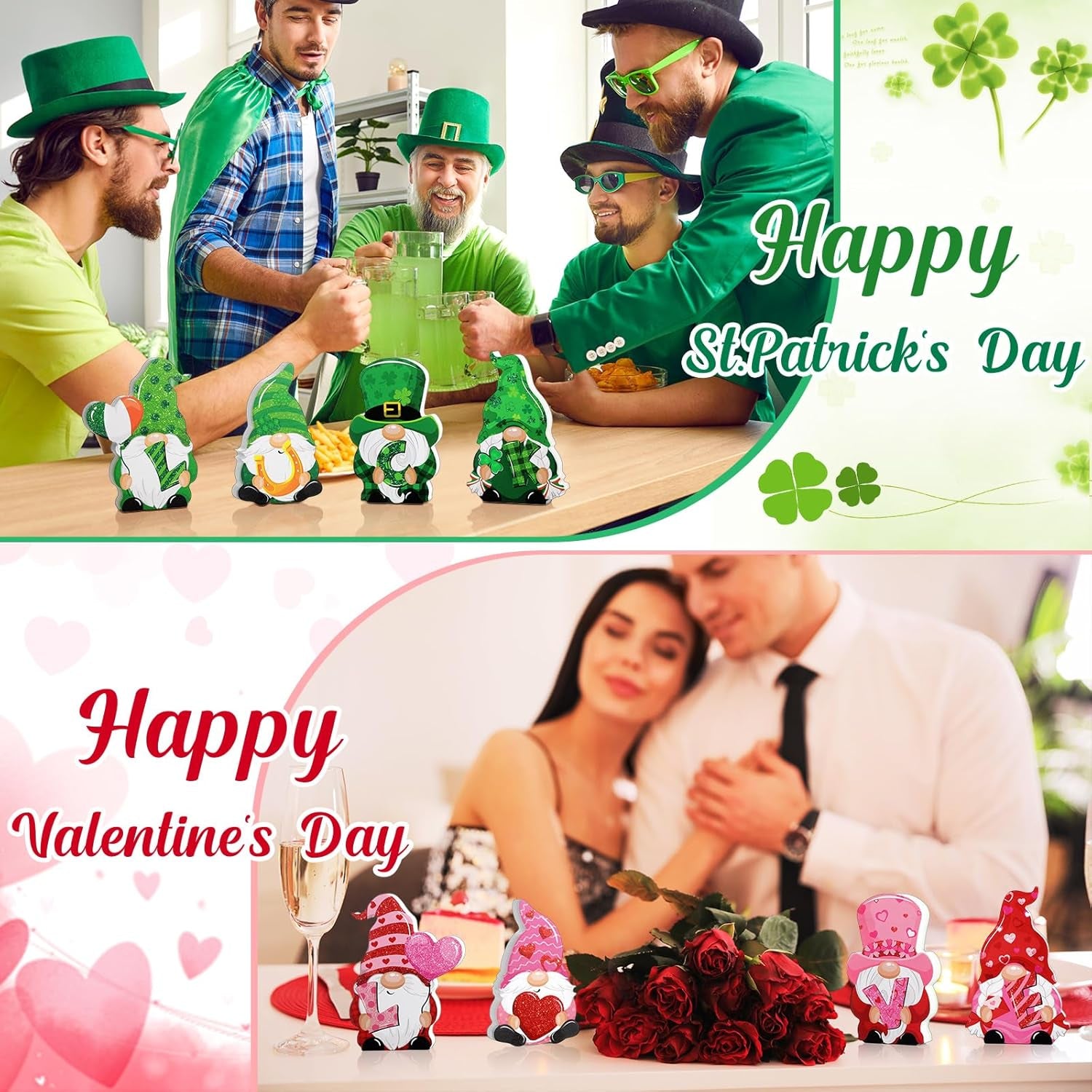 4 Pcs Valentine Wooden Table Sign Reversible St. Patrick'S Day Tabletop Decor Valentine Gnome Table Decoration Love and Luck Table Centerpiece for Home Kitchen Table Tiered Tray Party Decor
