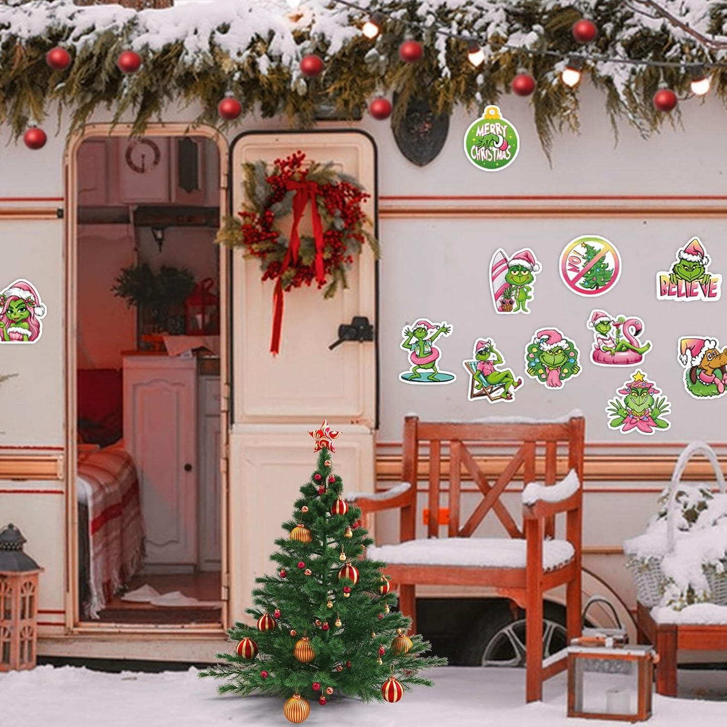 12 PCS Christmas Cartoon Refrigerator Magnets Decoration, Pink Xmas Tree Max Dog Fridge Car Garage Door Magnetic Stickers, Winter Funny Holiday Waterproof Dishwasher Decals Home Kitchen Decor