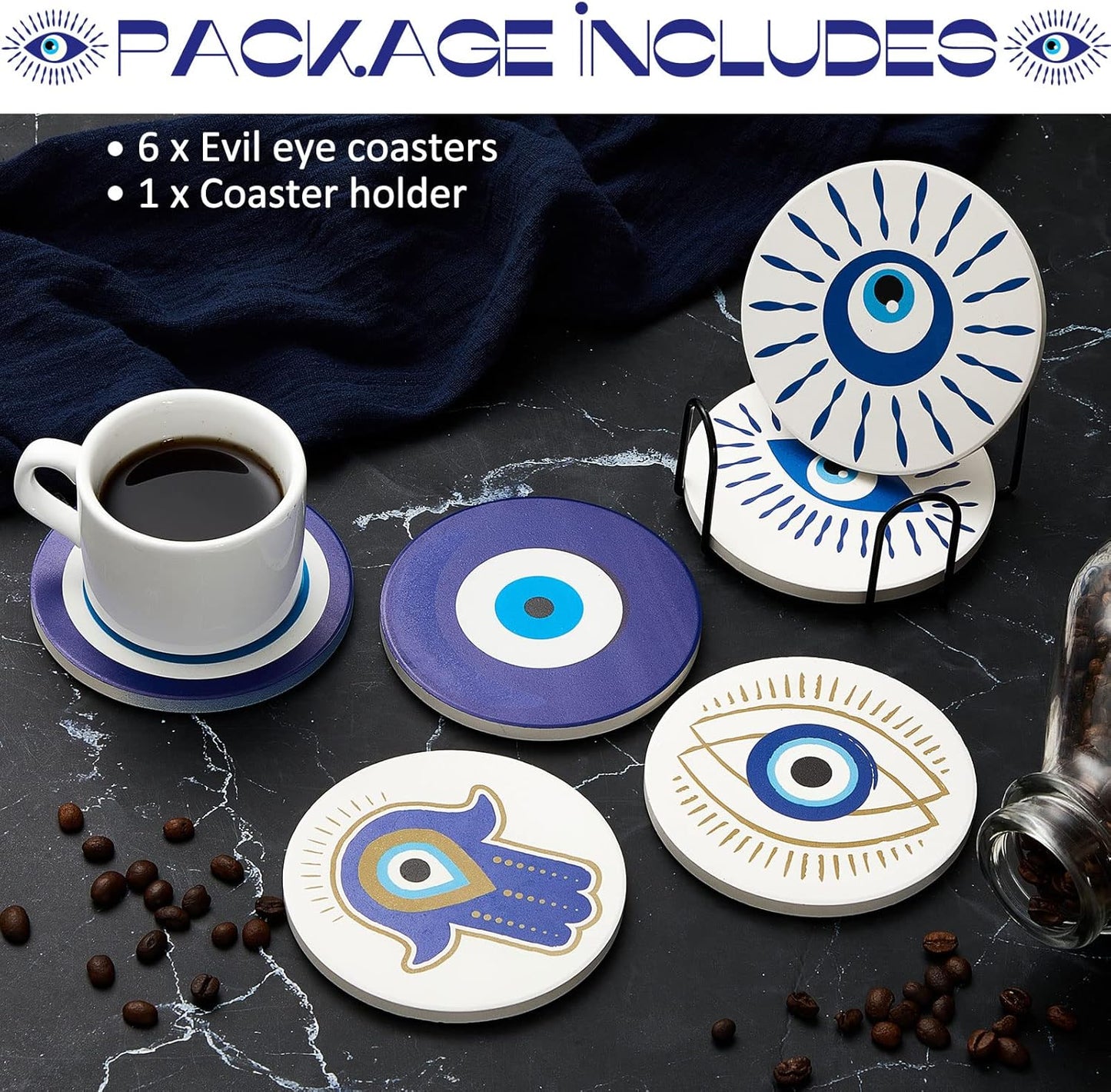 Set of 6 Ceramic Evil Eye Coasters with Coaster Holder Evil Eye Blue Coasters for Drinks round Absorbent Cup Mat with Cork Base for Home Table Decor Desk Kitchen Accessories, 4 Inch
