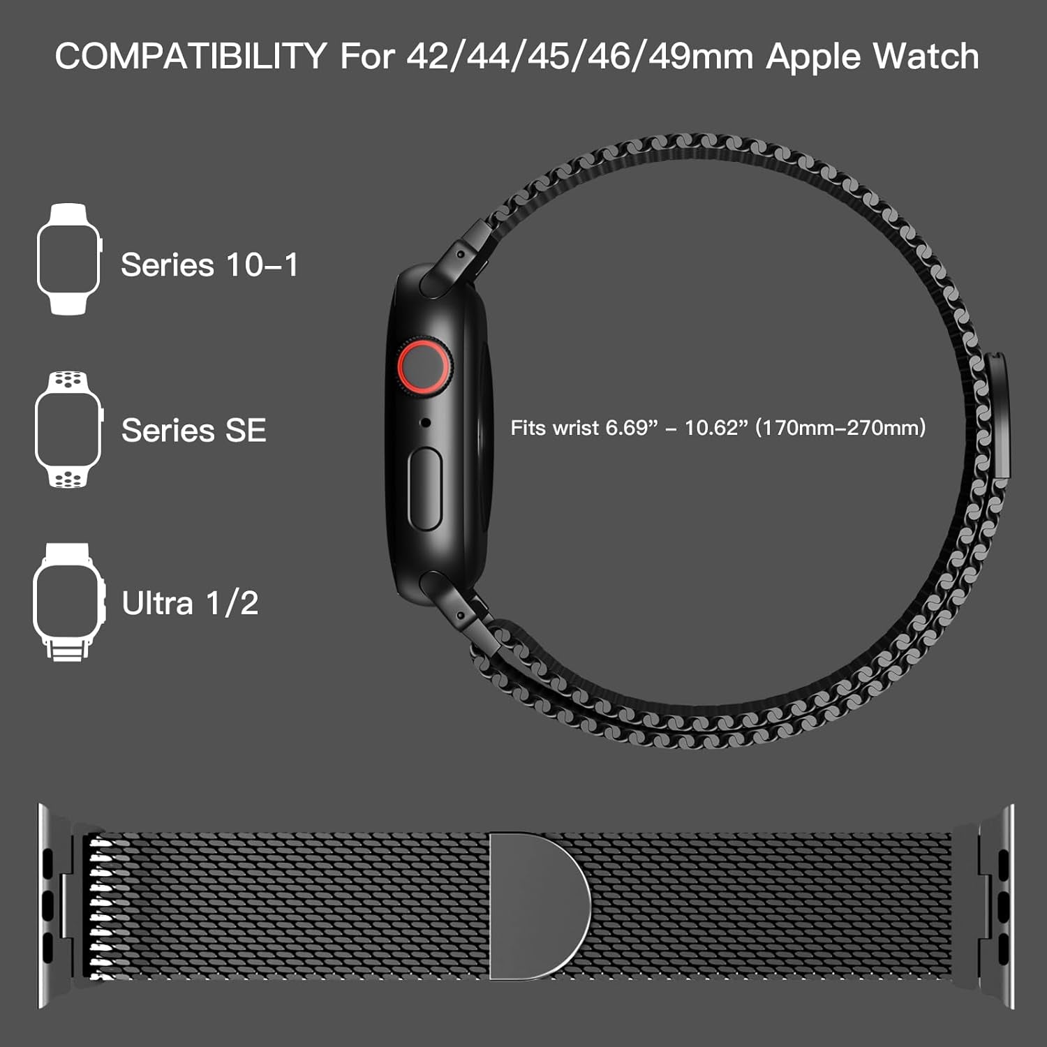Metal Magnetic Bands Compatible with Apple Watch Band 42Mm 44Mm 45Mm 46Mm 49Mm for Men Women, Adjustable Stainless Steel Mesh Loop Strap for Iwatch Series 10 9 8 7 6 5 4 3 2 1 SE Ultra