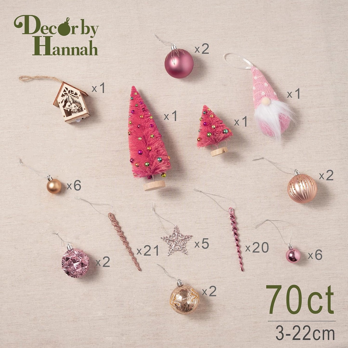 Decorbyhannah 70Ct Christmas Ornaments Set, Shatterproof Decorative Pink Gold Christmas Tree Decorations with Small Xmas Tree, Gnome and Wooden Lighted Bird House for Home Party Halloween Decor