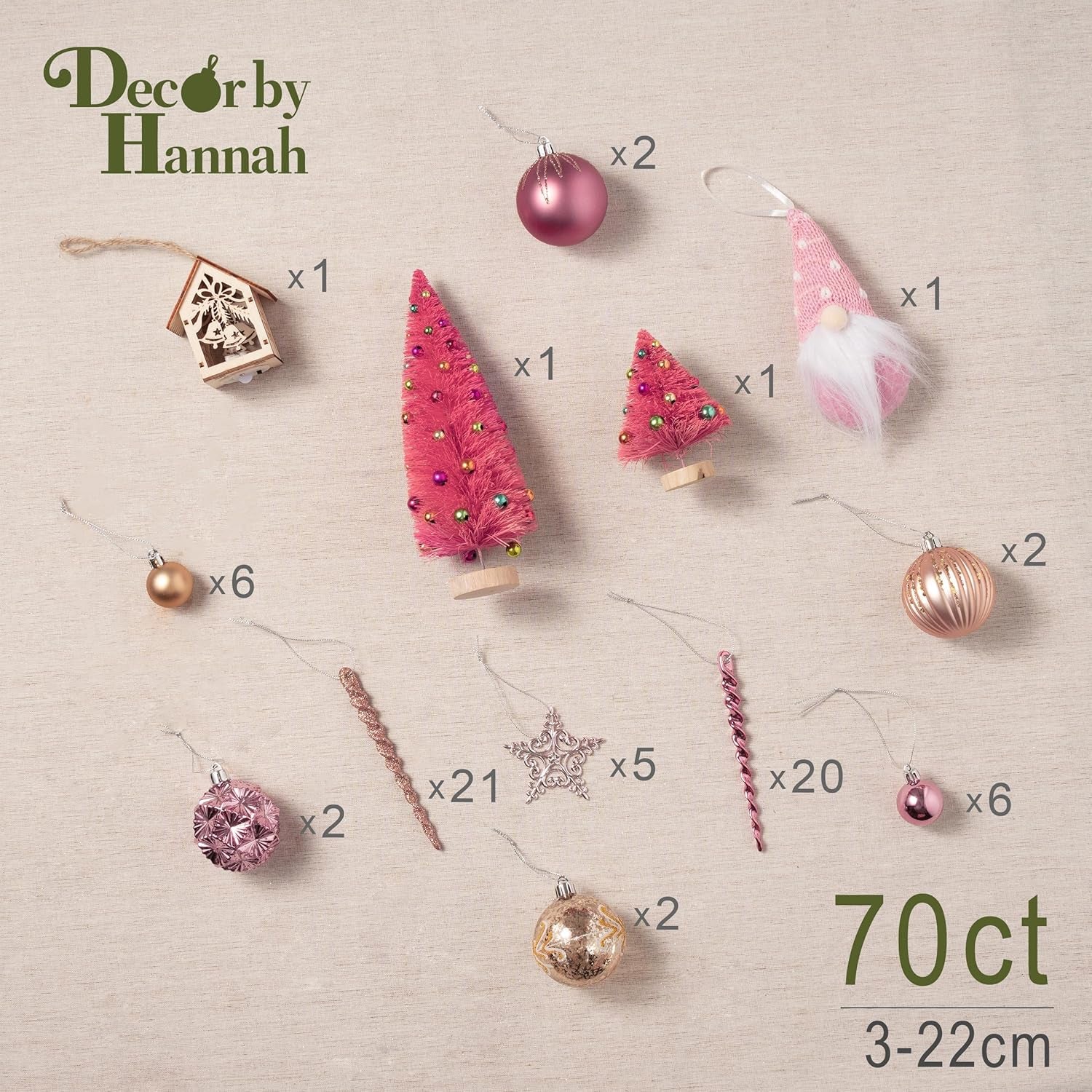 Decorbyhannah 70Ct Christmas Ornaments Set, Shatterproof Decorative Pink Gold Christmas Tree Decorations with Small Xmas Tree, Gnome and Wooden Lighted Bird House for Home Party Halloween Decor
