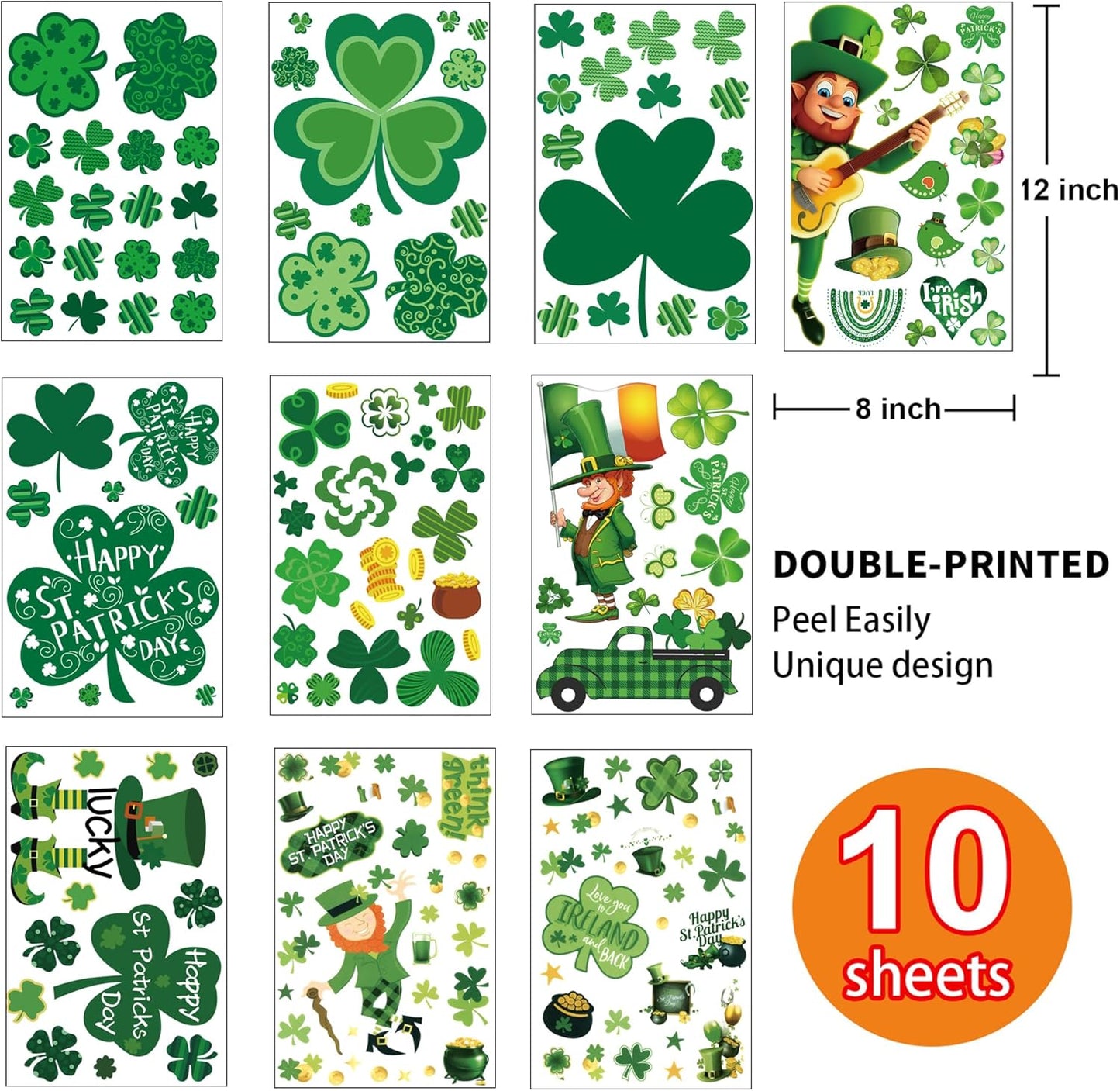 St Patricks Day Decorations Window Clings 10 Sheet for Glass Windows Shamrock Window Clings Stickers