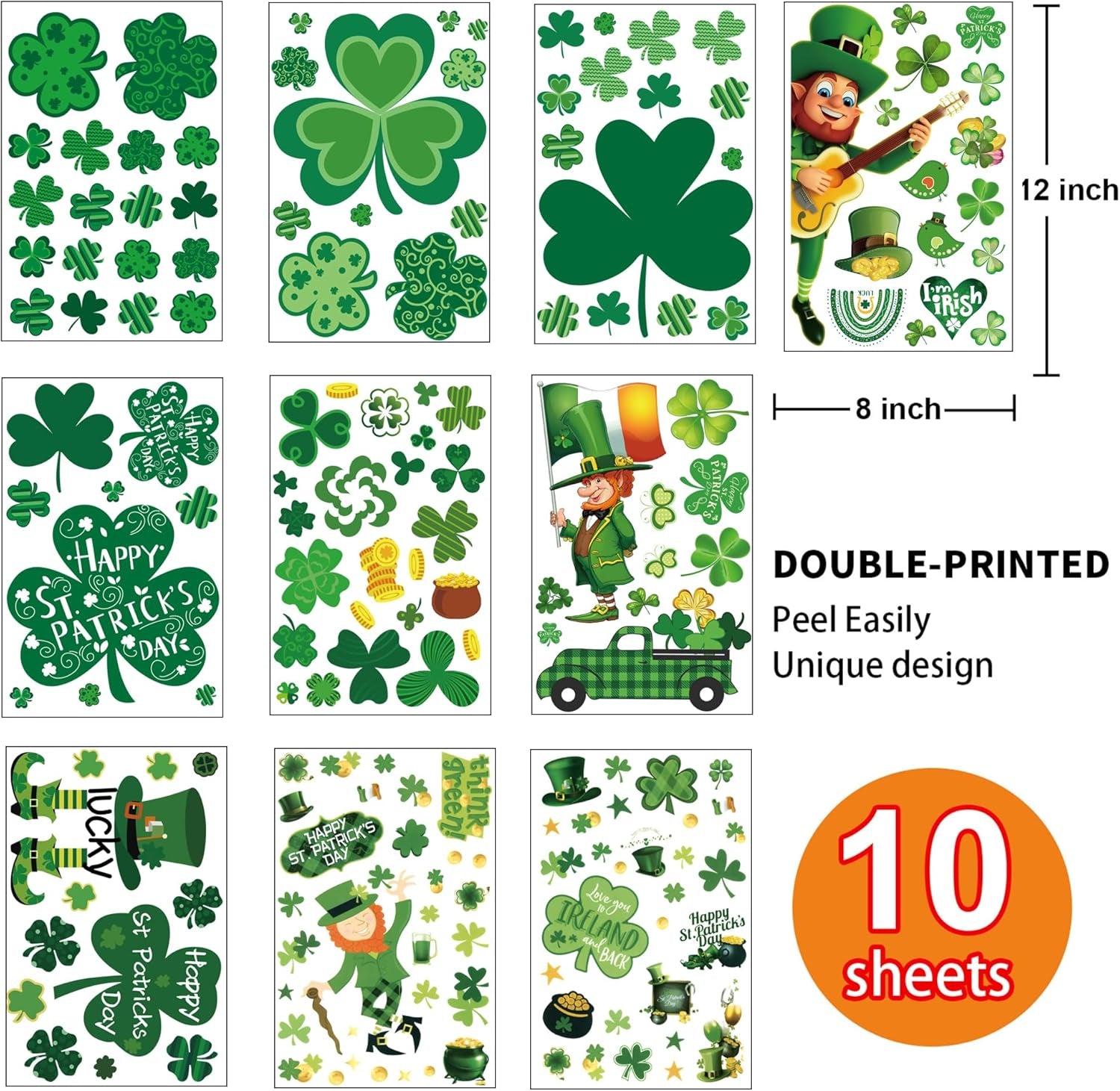 St Patricks Day Decorations Window Clings 10 Sheet for Glass Windows Shamrock Window Clings Stickers