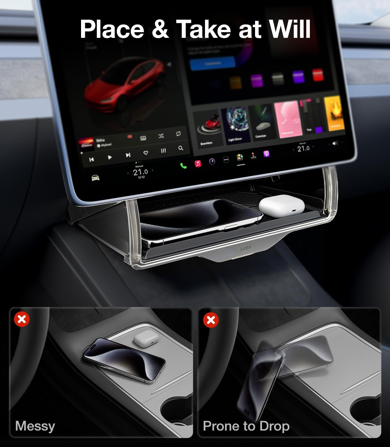 2024 Tesla Model Y/3 Accessories under Screen Storage Box [Hidden Design & Stable Installation] Center Console Organizer Tray for Model Y 2019~2024 & Model 3 2016-2024(Fit Model 3 Highland)