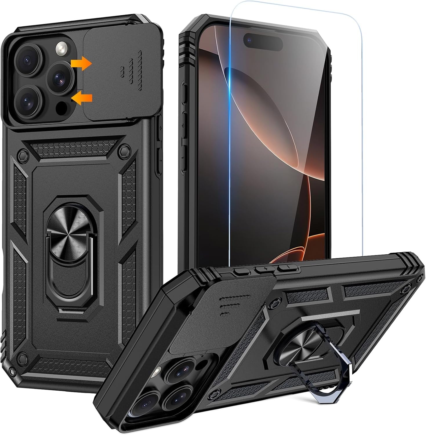 Compatible for Iphone 16 Case with Screen Protector - Slide Camera Cover Protective Phone Case with Ring Stand, Heavy Duty Shockproof Rugged Bumper for Iphone 16 Accessories Blue