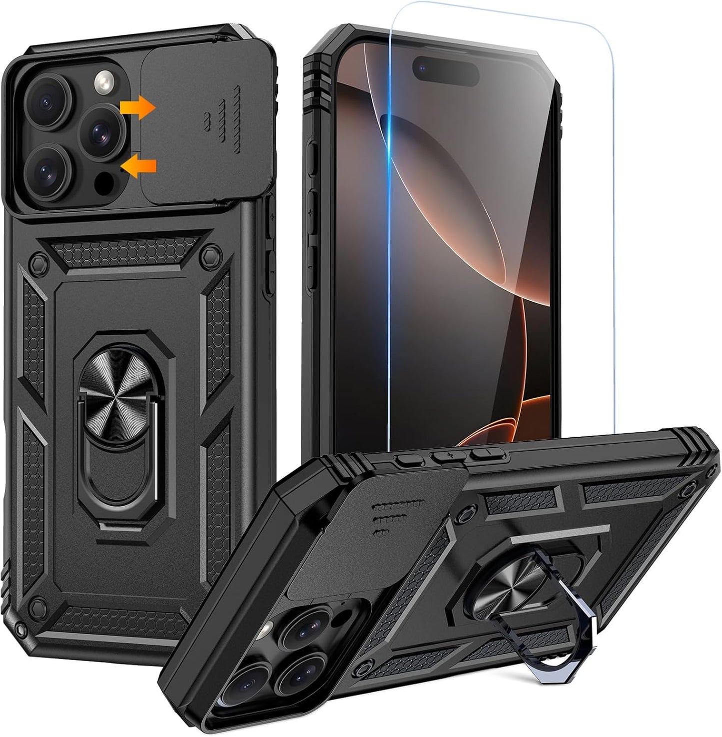 Compatible for Iphone 16 Case with Screen Protector - Slide Camera Cover Protective Phone Case with Ring Stand, Heavy Duty Shockproof Rugged Bumper for Iphone 16 Accessories Blue