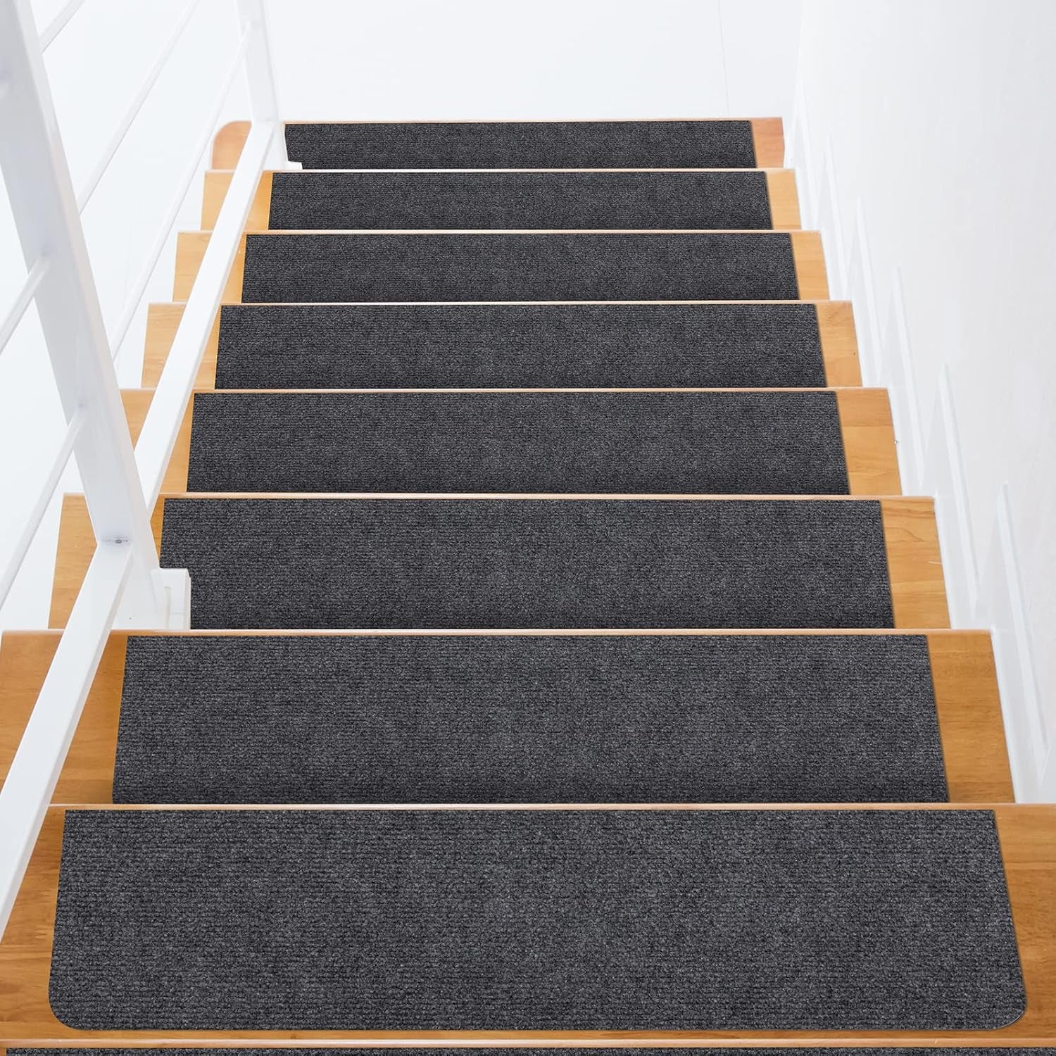 8X30In 15PCS Non-Slip Stair Treads Carpet, Self-Adhesive Stair Treads for Wooden Steps, Indoor Safety Staircase Step Treads, anti Slip Stair Runner Mats for Elders, Kids and Dogs (Dark Grey)
