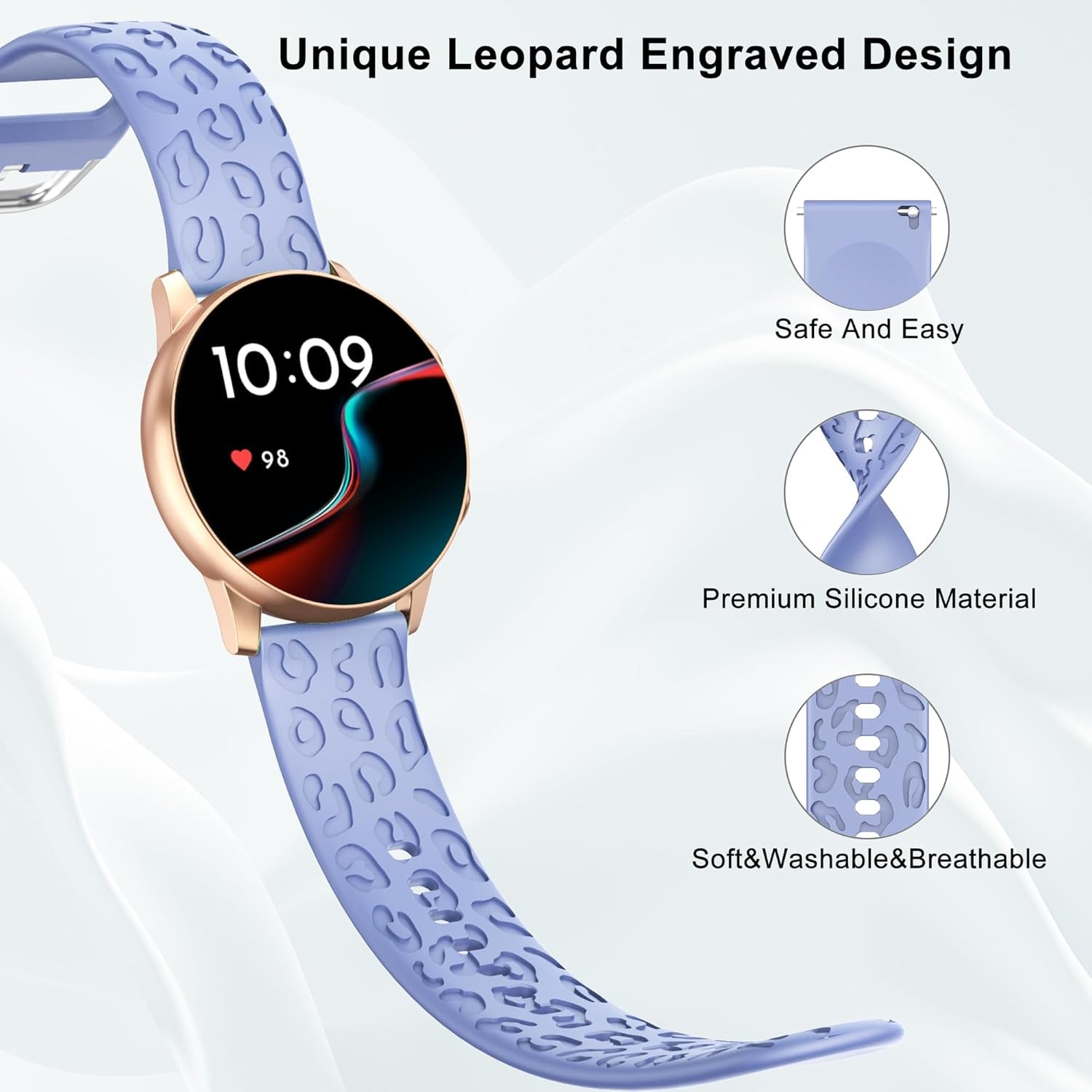Leopard Engraved Bands Compatible with Samsung Galaxy Watch 6/5/Watch 4 40Mm 44Mm for Women, Samsung Galaxy Watch 5 Pro 45Mm/Galaxy Active 2/Galaxy Watch 3, 20Mm Soft Silicone Replacement Sport Strap