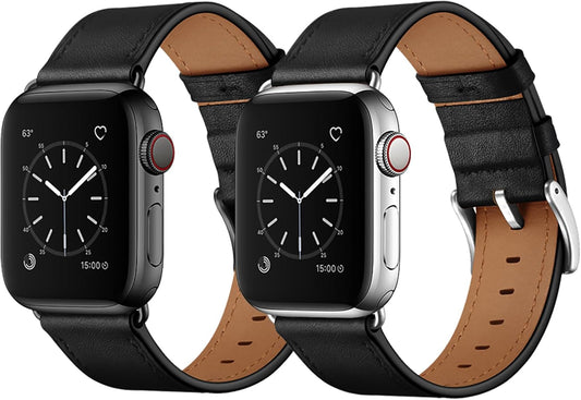 Compatible with Apple Watch Band 49Mm 46Mm 45Mm 44Mm 42Mm(Series 3 2 1), Genuine Leather Band Replacement Strap Compatible with Apple Watch (Black+Black/Silver)