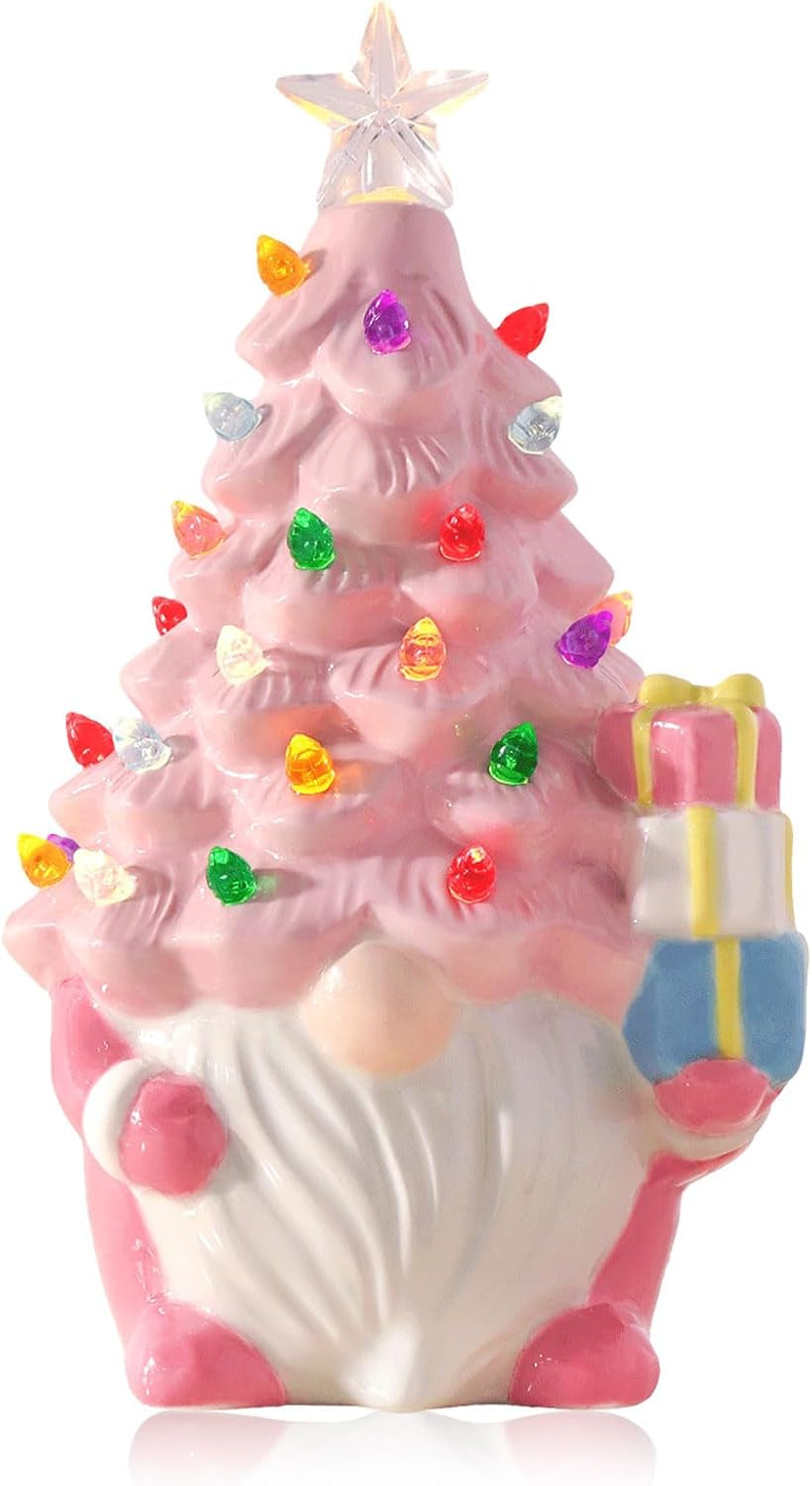 Ceramic Christmas Tree, Pink Christmas Decor Light-Up Ceramic Gnome with LED Battery Powered, Classic Christmas Decor for Home Shelf Cabinet Table, Home Display, Tabletop