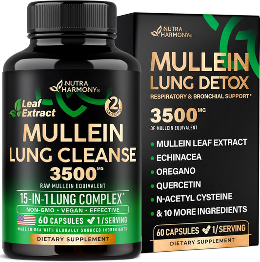 Mullein Leaf Extract for Lung Detox - Echinacea | Oregano | Quercetin | NAC - 15-In-1 Lungs Support Supplement - Lung Cleanse for Smokers - Made in USA - as Drops, Tea, Tincture, 60 Vegan Capsules TLBH