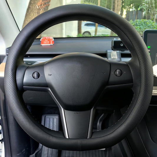 D-Shaped Car Steering Wheel Cover for Tesla Model Y Model 3 Plaid/Long Range 5/6/7 Seater Interior Accessories 2016-2020 2021 2022 2023 2024, Black Premium Leather (14-14 1/4 Inches)
