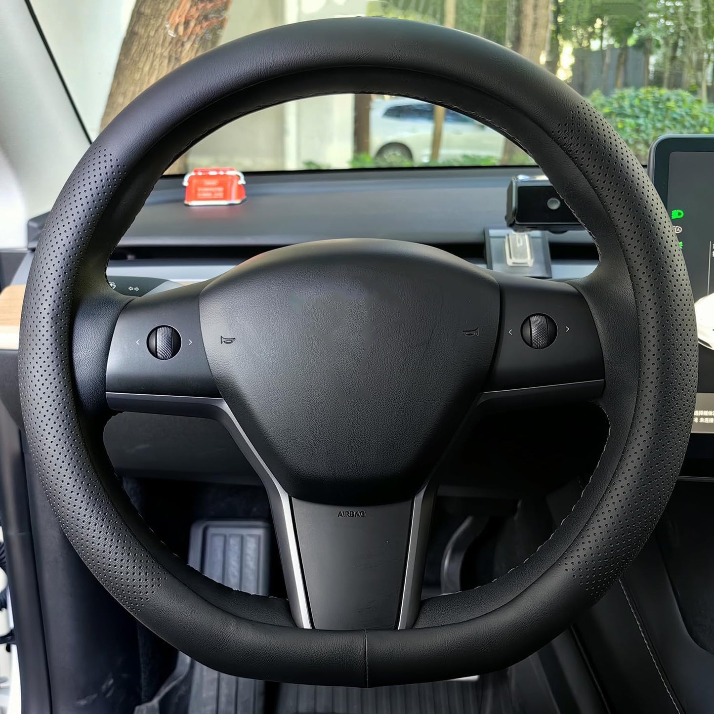 D-Shaped Car Steering Wheel Cover for Tesla Model Y Model 3 Plaid/Long Range 5/6/7 Seater Interior Accessories 2016-2020 2021 2022 2023 2024, Black Premium Leather (14-14 1/4 Inches)