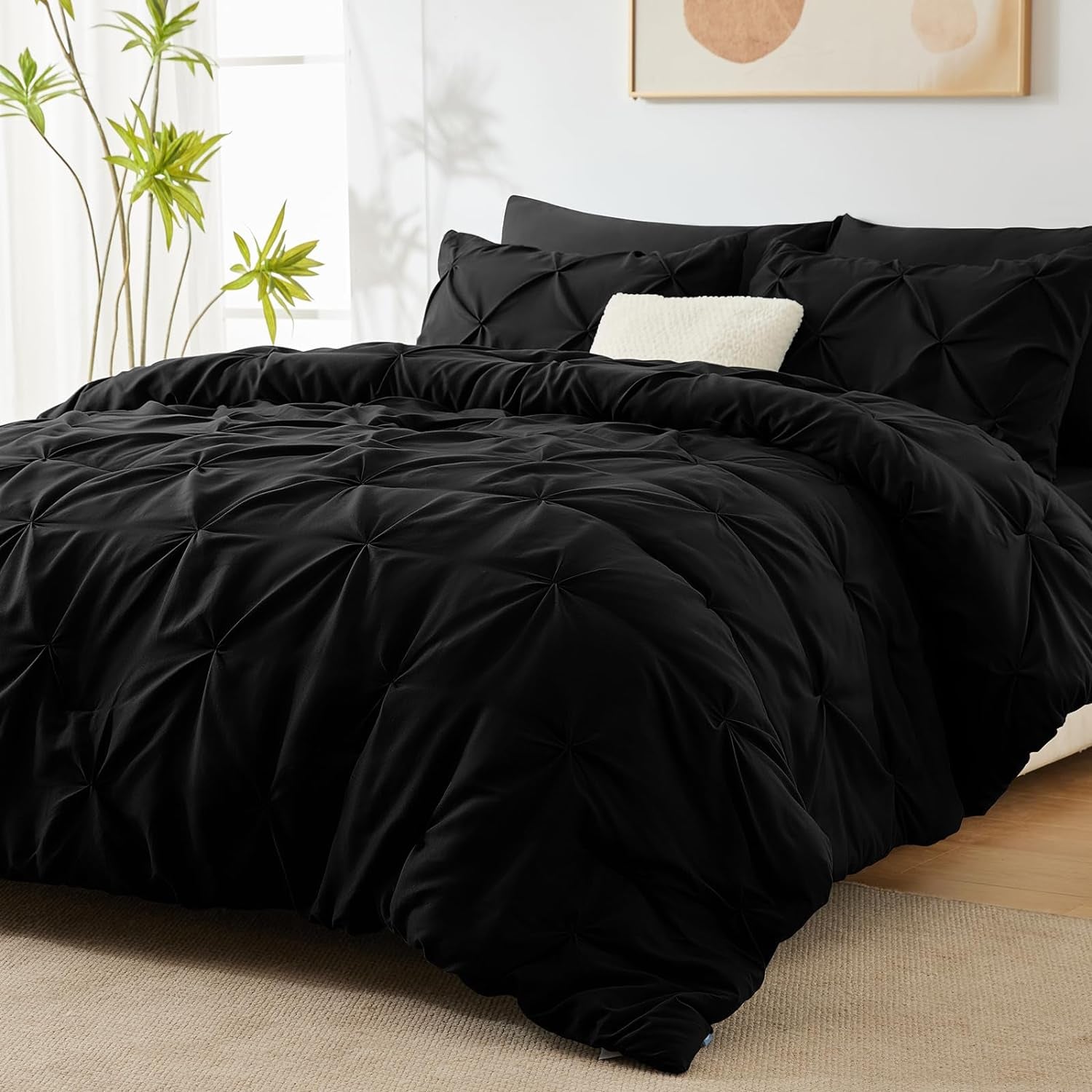 King Size Comforter Set - 7 Pieces Bed in a Bag Black, Pintuck Comforter King Size Pinch Pleat Bedding Sets with All Season Comforter, Flat Sheet, Fitted Sheet and Pillowcases & Shams