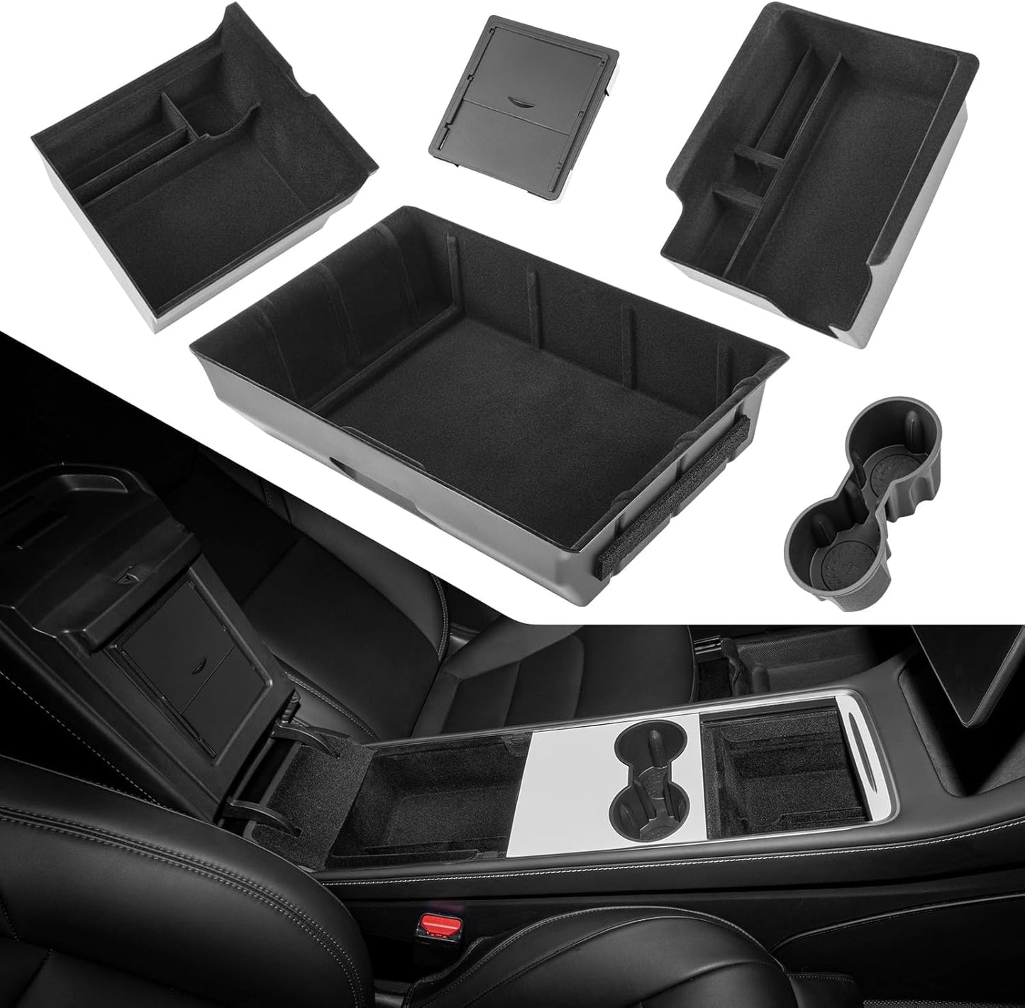 2025 Upgrade 5PCS Tesla Model Y Center Console Organizer Tray under Seat Storage Box Cup Holder Insert Hidden Armrest Storage Box [Seamless Fit] 2025-2021 Model Y Accessories