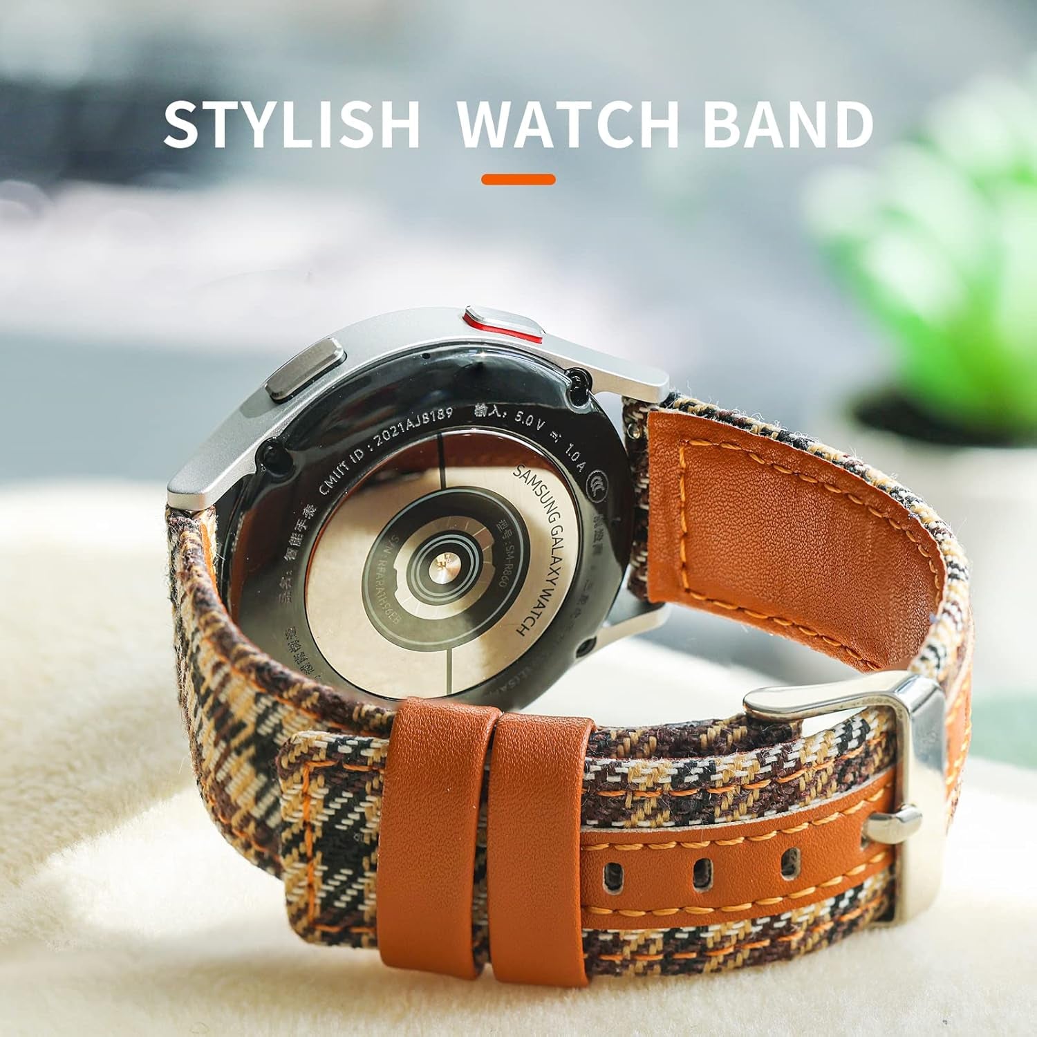 Leather Band for Galaxy Watch 4 44/40Mm, Canvas Plaid plus Leather Lining Band Samsung Galaxy Watch 4 Classic(42/46Mm)/Active 2(40/44Mm)/Galaxy Watch 3 41Mm Band for Women