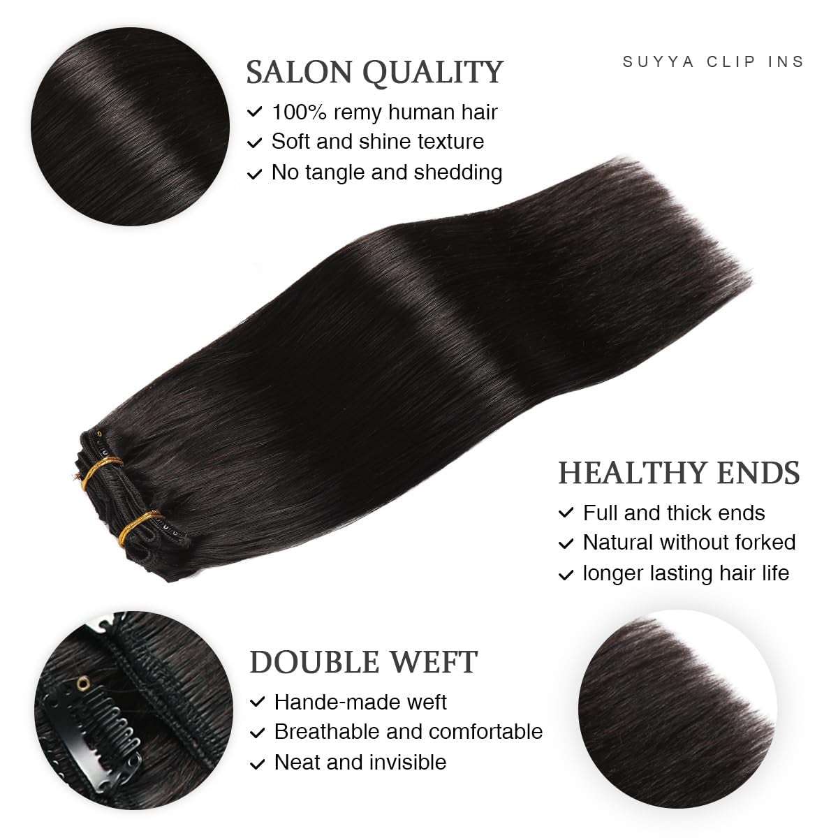 16 Inch 120G 7Pcs Clip in Hair Extensions, Straight Double Weft Natural Black (16 Inches #1B off Black)