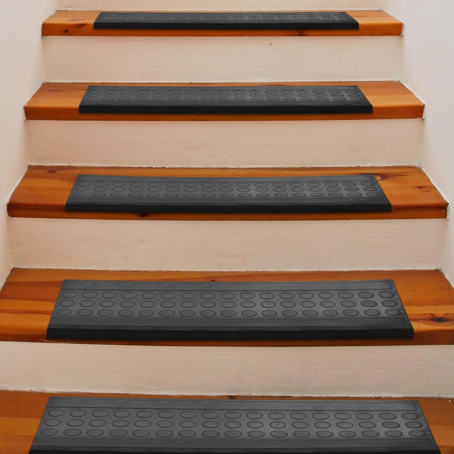 Indoor/Outdoor Hose-Wash Coin Design Non-Slip Rubber 10" X 30" Modern Stair Treads for Stairs, Garage, Patio, 5 Pack, Black Coin