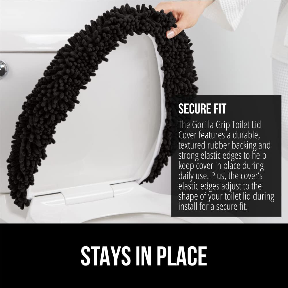 Soft Chenille Bathroom Toilet Lid Cover, Machine Washable Seat Covers, 17.5X15, Stays in Place Rubber Backing, Fits Most Round, Elongated and Oblong Lids, Accessories Decor, Black