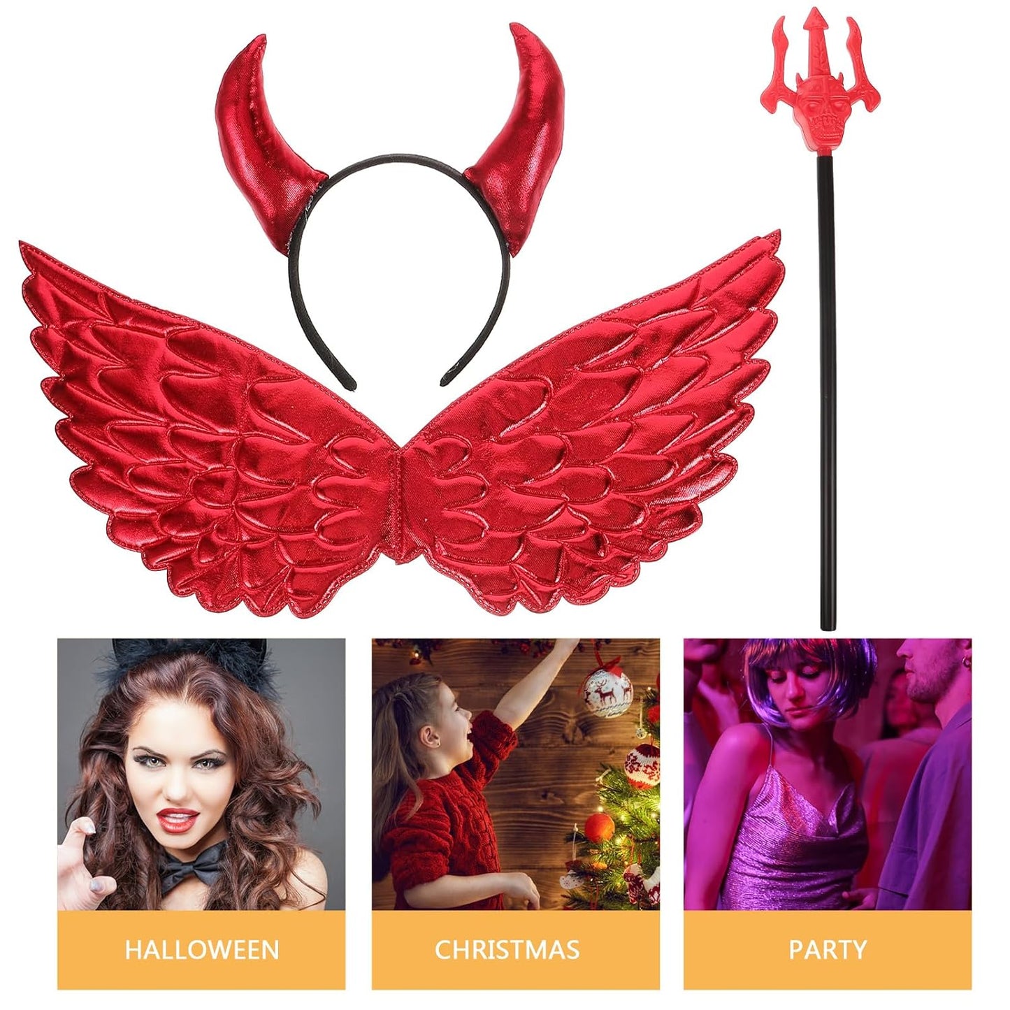 1Set Halloween Devil Costume Set Red Demo Costume Accessories Kit with Devil Wing Horn Headband Red Pitchfork for Halloween Party Favor Supplies