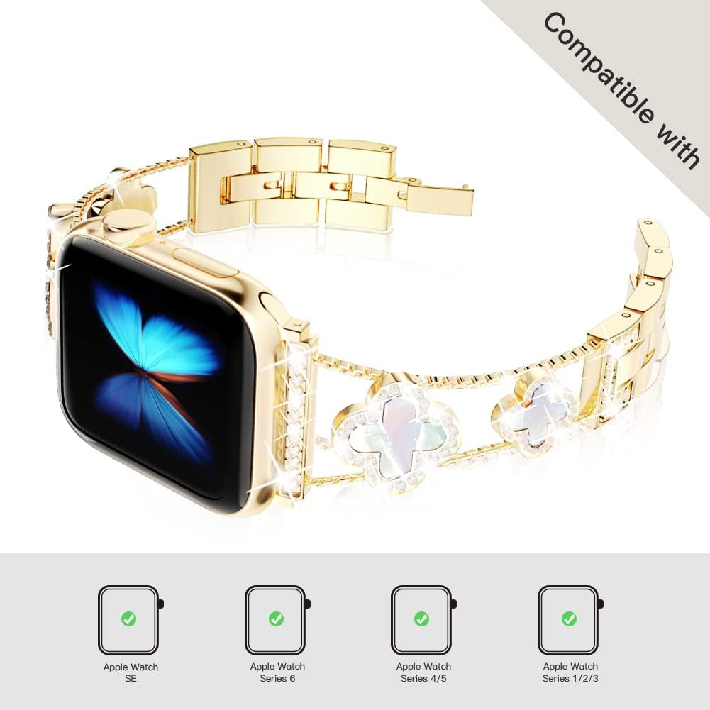Diamond Metal Band Adds Sparkle to Your Watch - Compatible with Apple Watch Series 8/7/6/5/4/3/2/1Se/Ultra - Clover Is Simple and Stylish, Fits Women'S Sizes 38Mm 40Mm 41Mm 42Mm 44Mm 45Mm 49Mm.(Gold/Black, 42Mm/44Mm/45Mm)