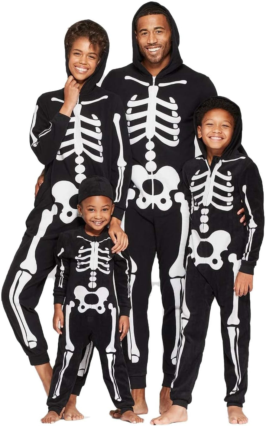 Matching Family Costumes Sets Unisex Halloween Hooded Glow in Dark Skeleton Jumpsuit Men Small