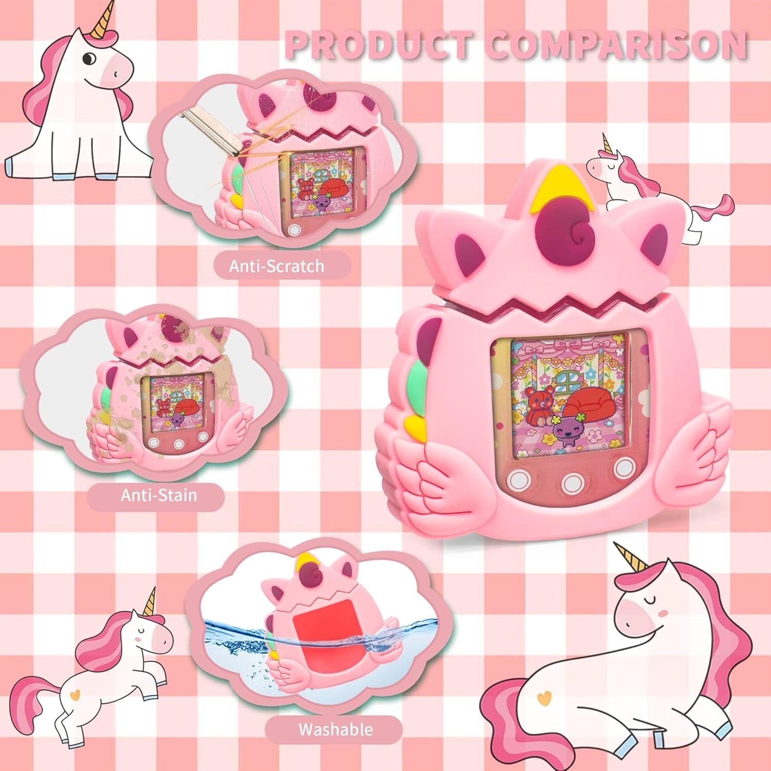 Silicone Case Compatible with Tamagotchi Pix Virtual Pet Game Machine, Cute Unicorn Pattern Protective Sleeve for Pix with Finger Lanyard ZOUSA