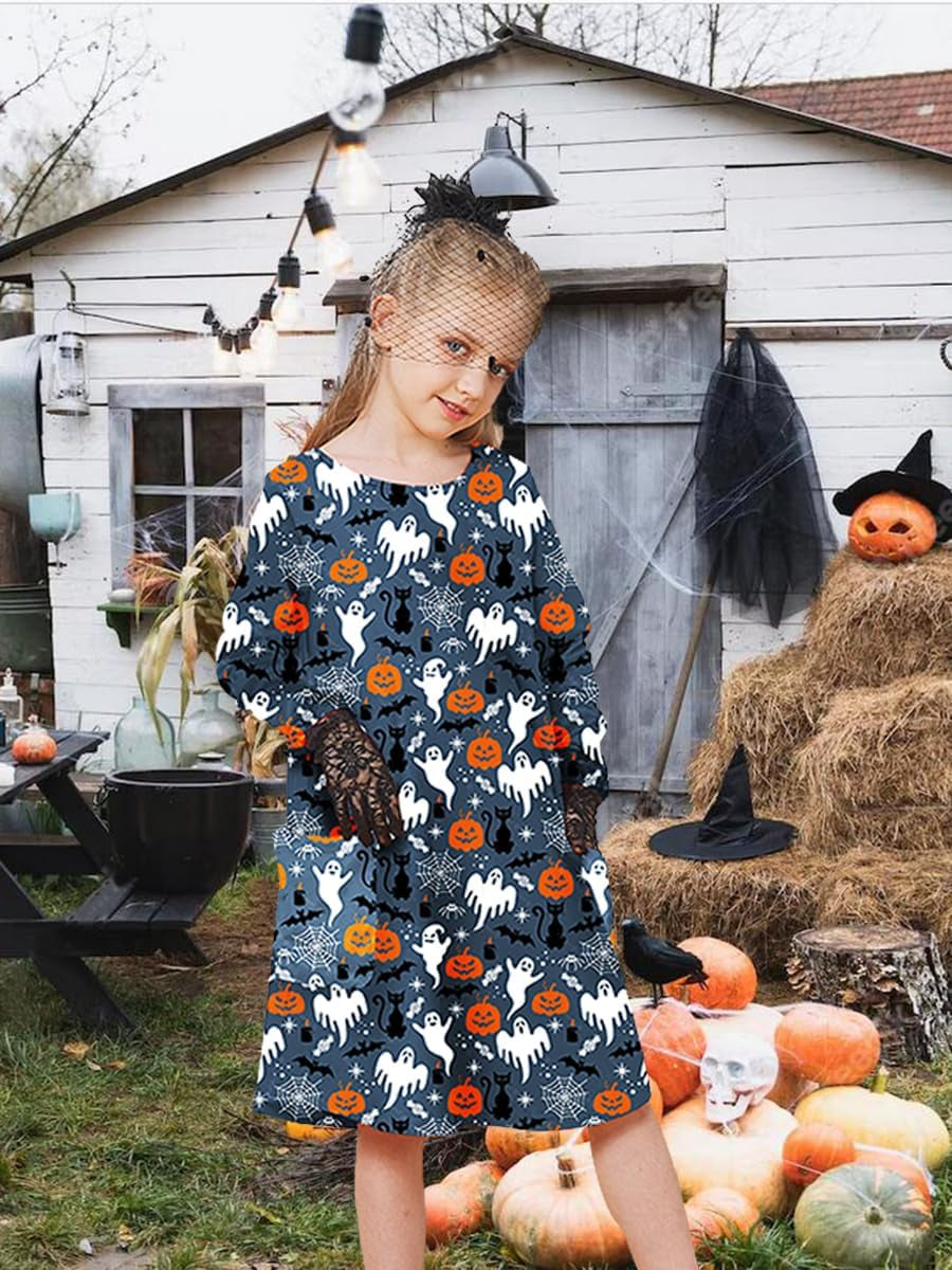 Girls Halloween Costumes Dresses for Kids Costume Dress Long Sleeve Printed Shirt Dresses with Pockets