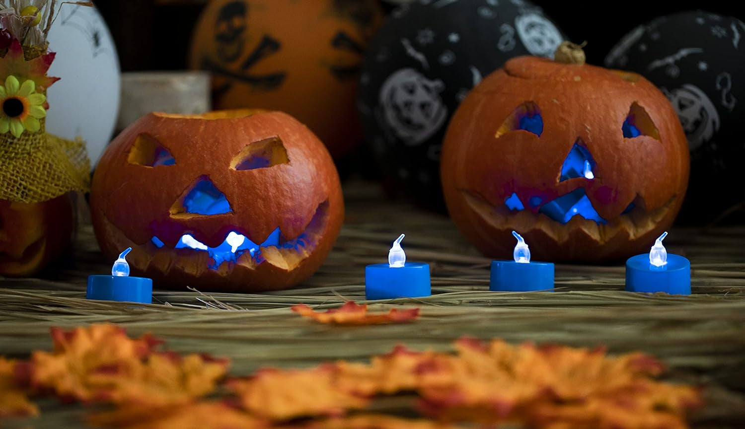 24 Pack LED Tea Lights Candles – Flickering Blue Flameless Tealight Candle – Long Lasting Battery Operated Fake Candles – Decoration for Halloween and Christmas (Blue - 24Pcs)