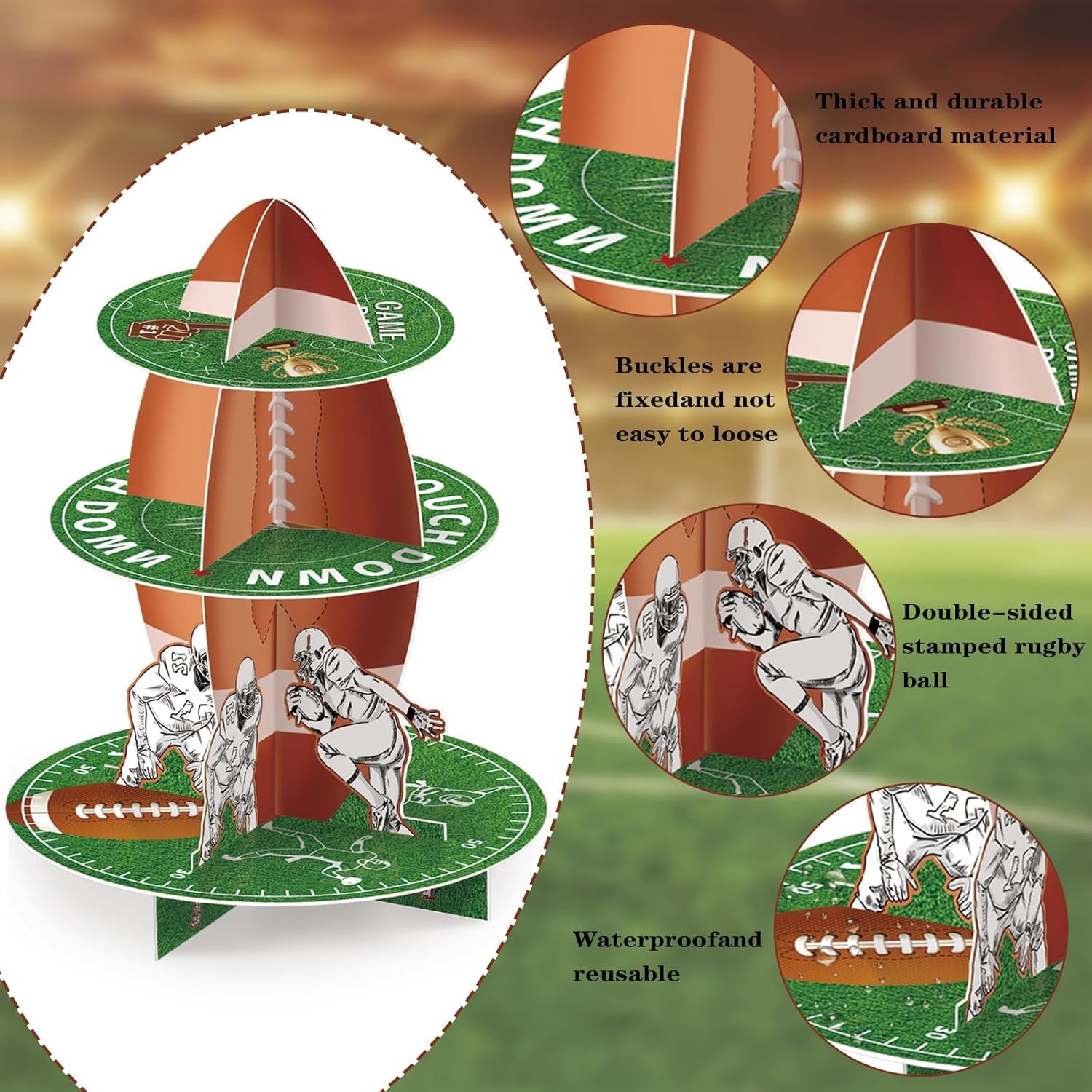 Football Cupcake Stand 3 Tier Dessert Tower Super Football Bowl Party Decoration Football Theme Party Cupcake Stand Party Cupcake Concession Stand Tower for Kids Football Sports Party Supplies Decor