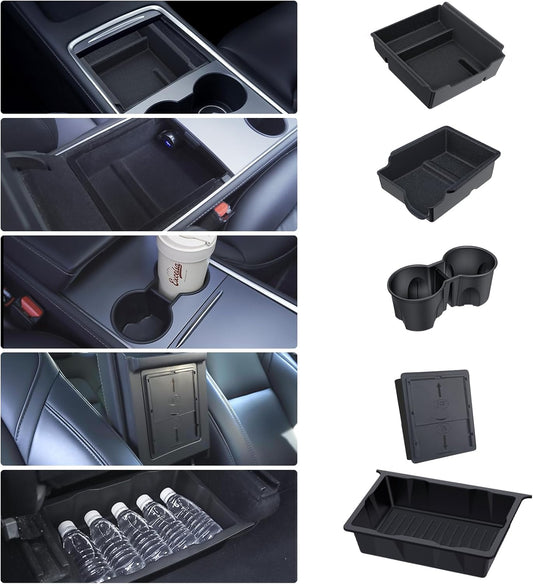 Center Console Organizer Tray 5PCS for Tesla Model Y Accessories 2024 2023 2022 2021 2020, Armrest Storage Tray and Hidden Storage Box, Cup Holder Insert, under Seat Storage Box