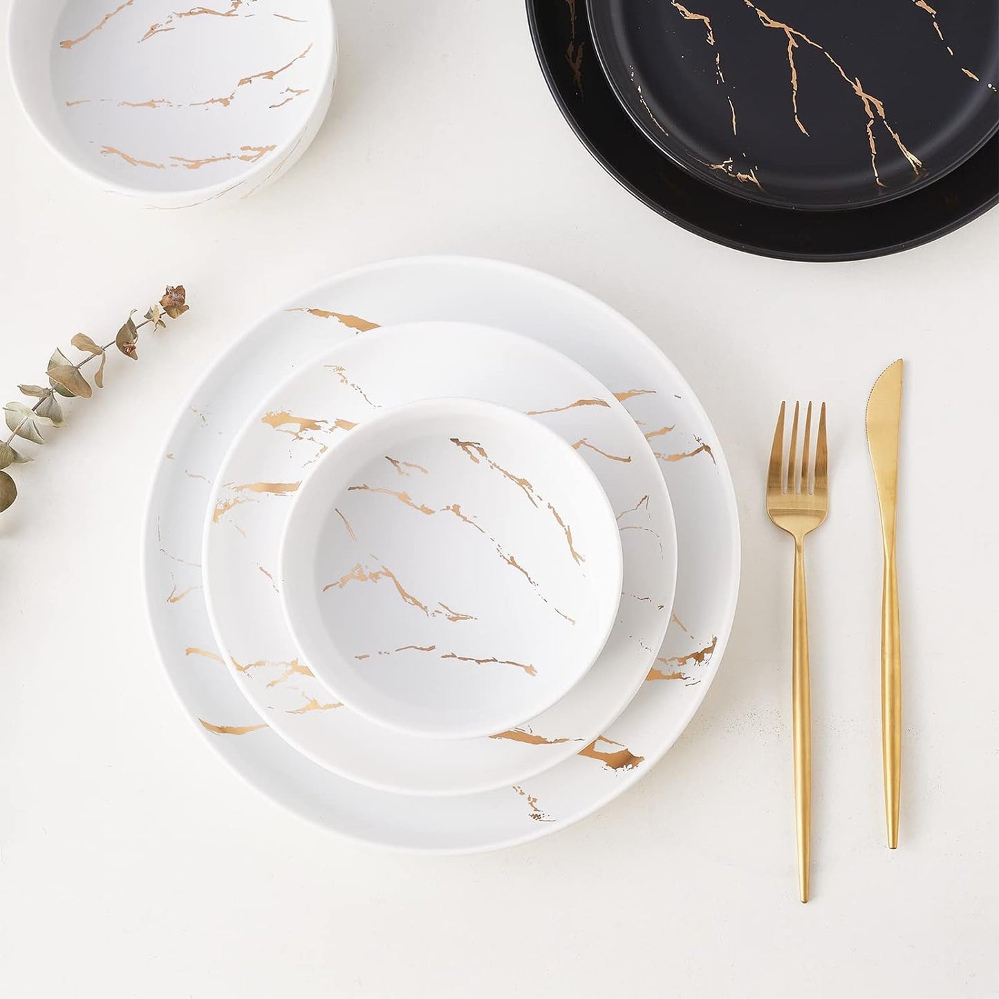Gold Splash Dinnerware Sets, 12 Pieces Plates and Bowls Sets, Modern Marble Porcelain, Dishes Set for 4, White