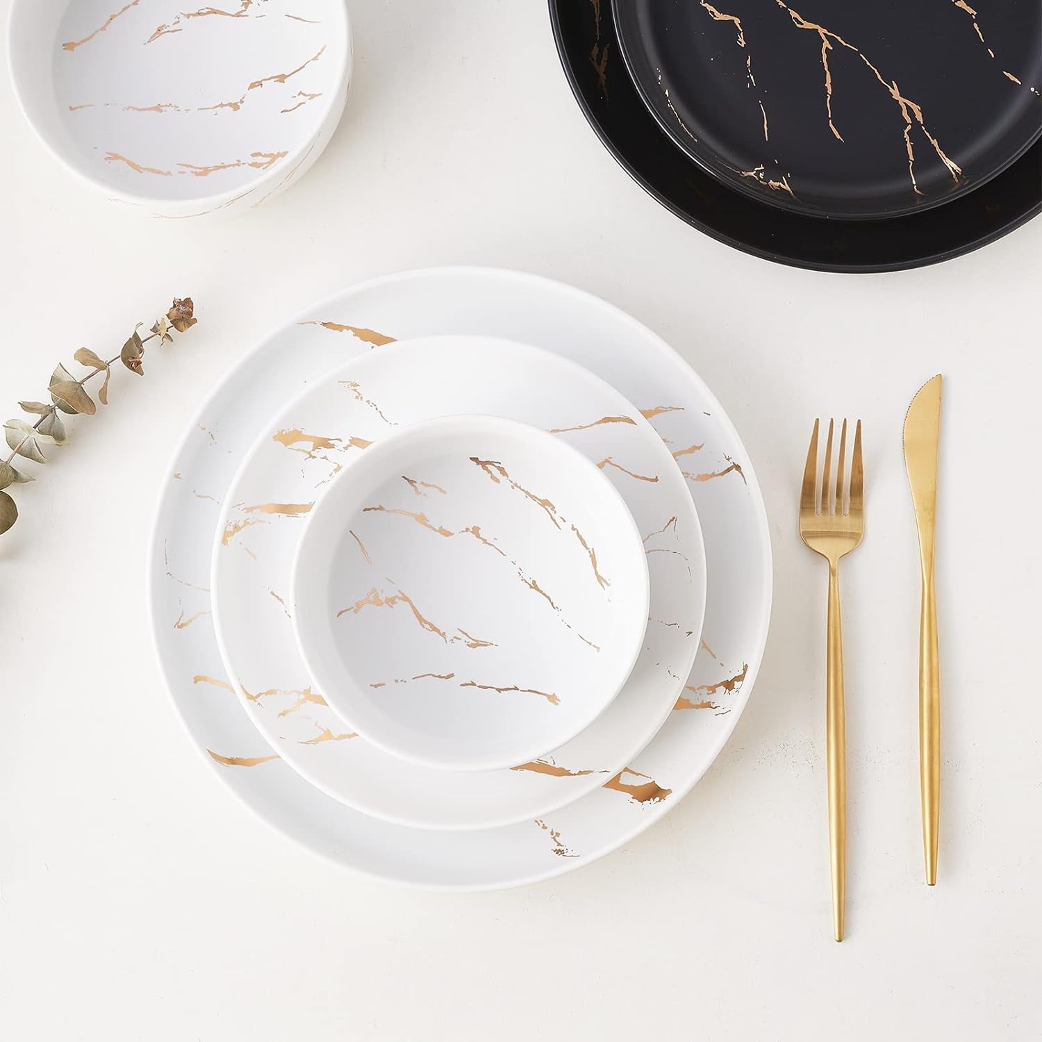 Gold Splash Dinnerware Sets, 12 Pieces Plates and Bowls Sets, Modern Marble Porcelain, Dishes Set for 4, White