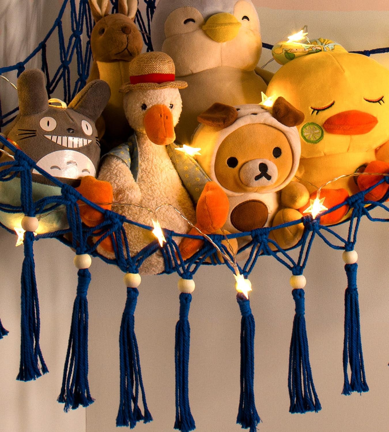 Stuffed Animal Toy Storage Hammock with LED Light-Macrame Jumbo Doll Room Organizer Mesh Decoration-Hanging Storage Nets Kids Bedroom(Blue Beads)