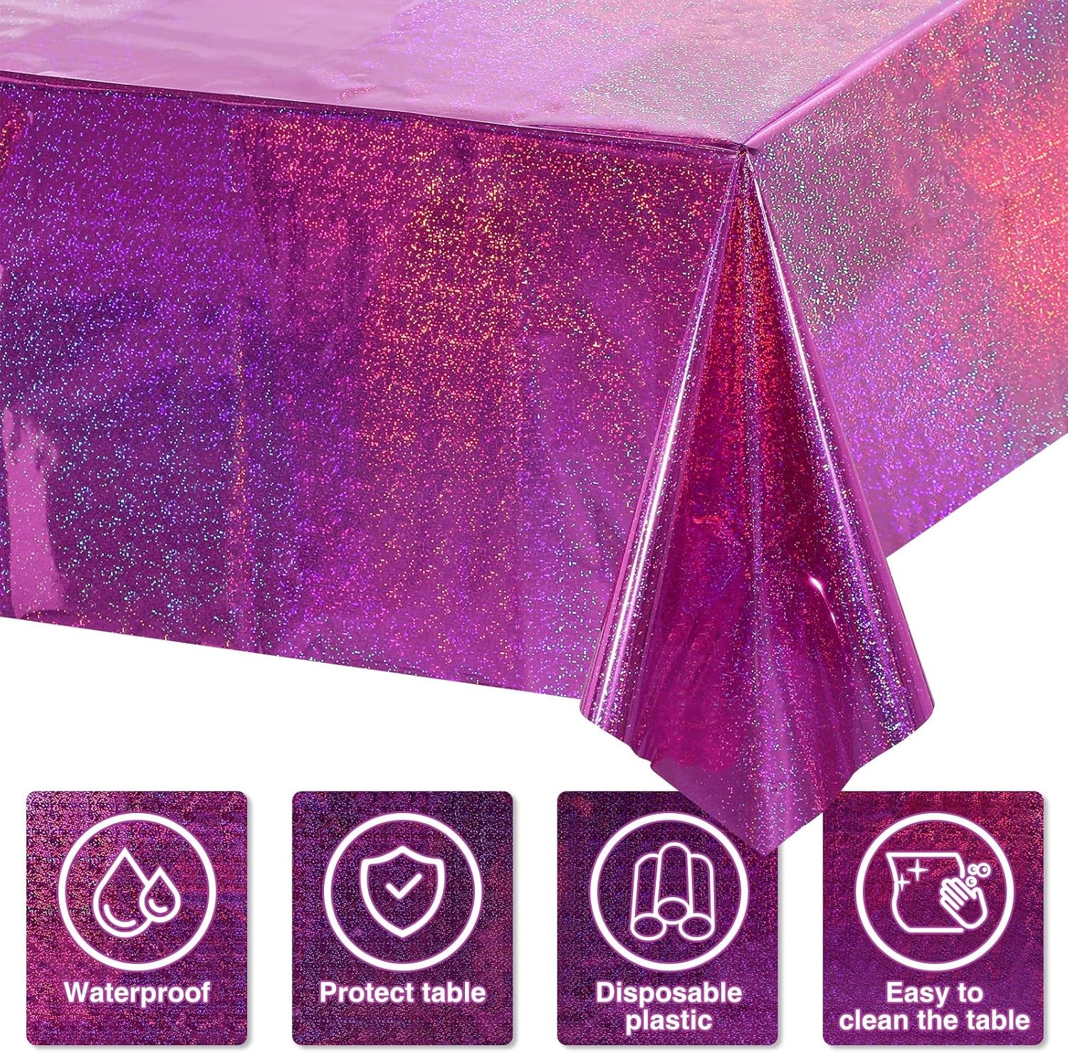 4 Pack Iridescence Plastic Tablecloths Shiny Disposable Laser Rectangle Table Covers Holographic Foil Tablecloth Iridescent Party Decoration Birthday Bridal Wedding Christmas 54" X 108"(Pink & Purple)