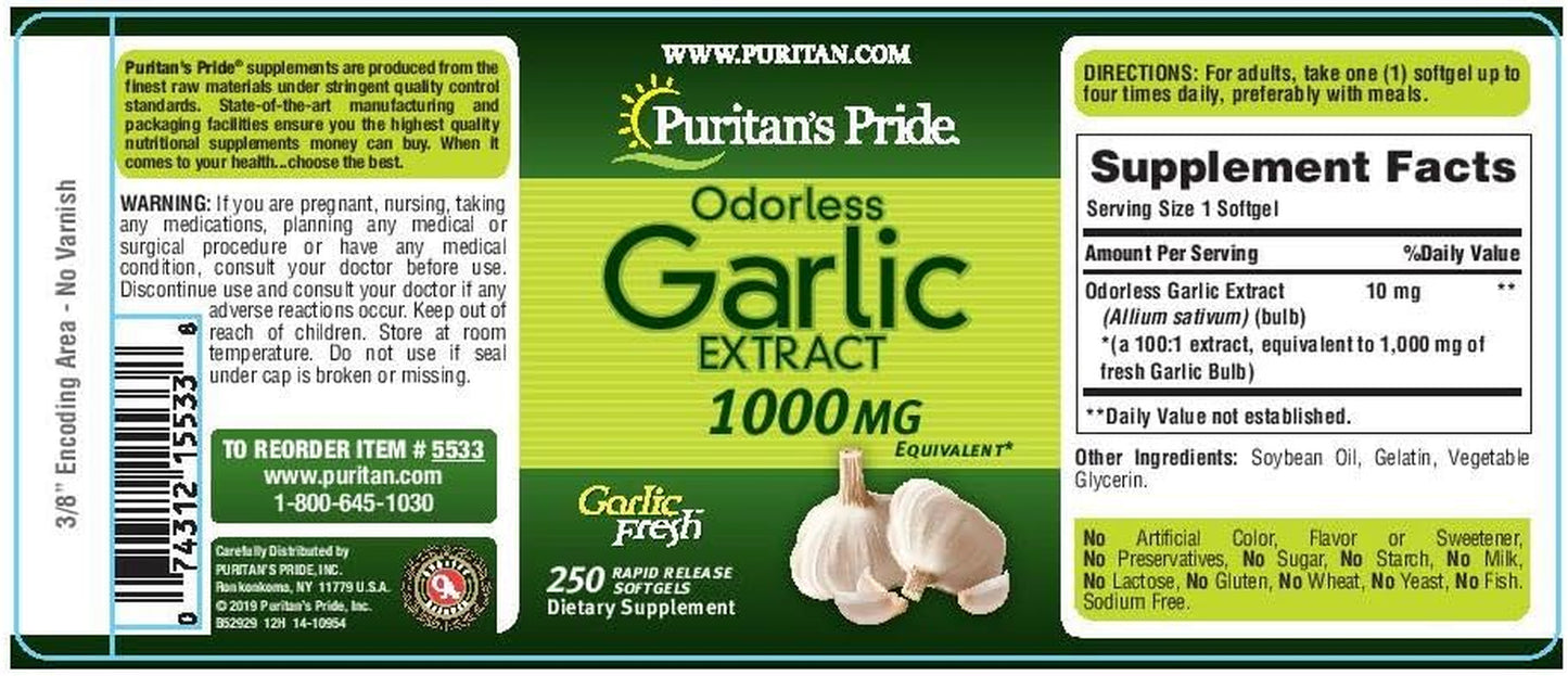 Premium Odorless Garlic Fresh 10 Mg (1000Mg Equivalent), Traditional Herb Dietary Supplement for Heart and Circulation Support with Antioxidant Properties, 250 Rapid Release Softgels TLBH