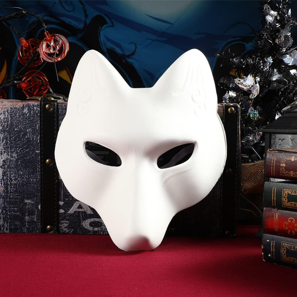 Blank Fox Mask, 2Pcs Halloween Fox Mask DIY Blank Mask Fox Japanese Kabuki Masks White Paintable Mask for Halloween Masquerade Costume Prop
